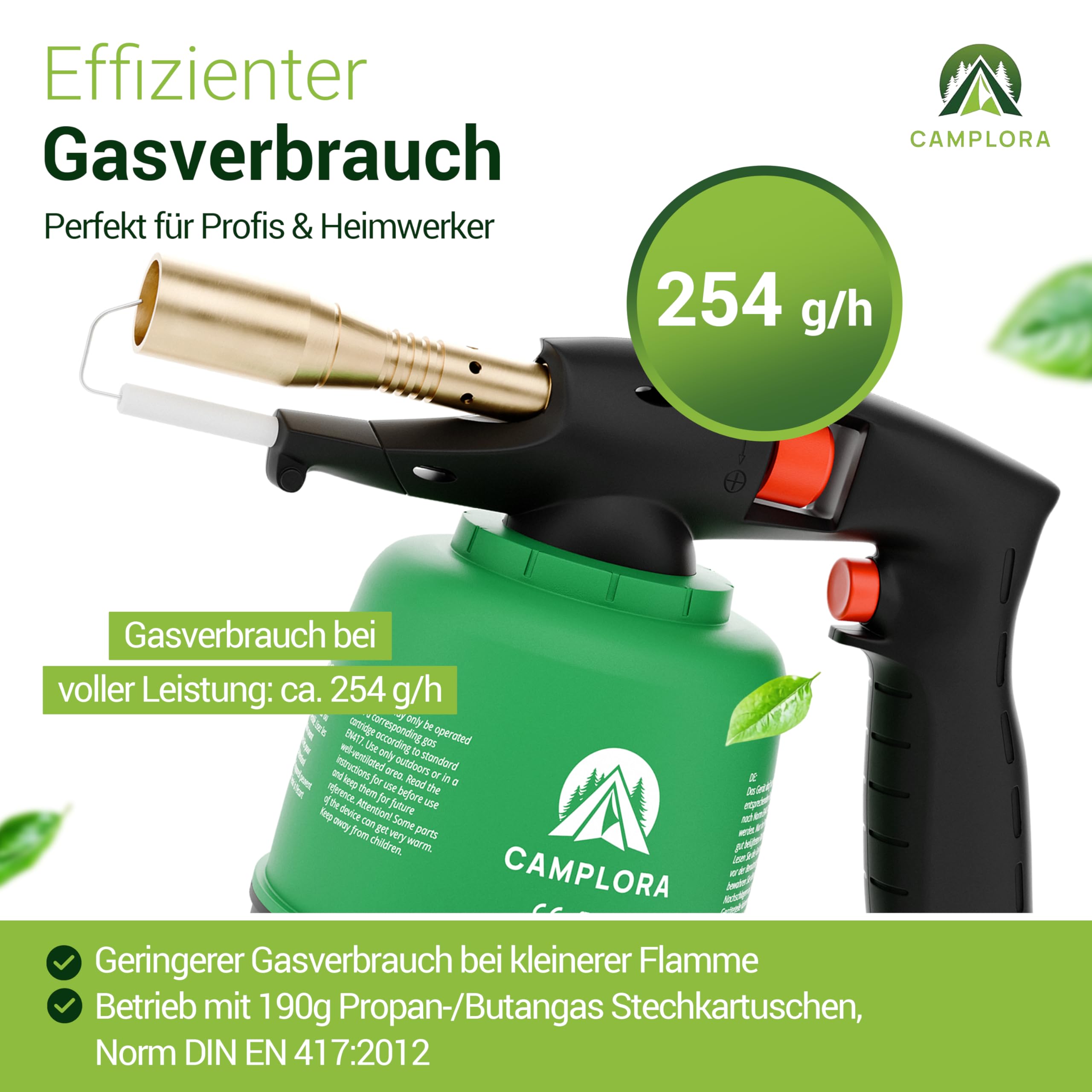 CAMPLORA Chalumeau avec allumage piézoélectrique et 10 cartouches de 190 g, brûleur à gaz pour atelier, fer à souder Bunsenbrenner
