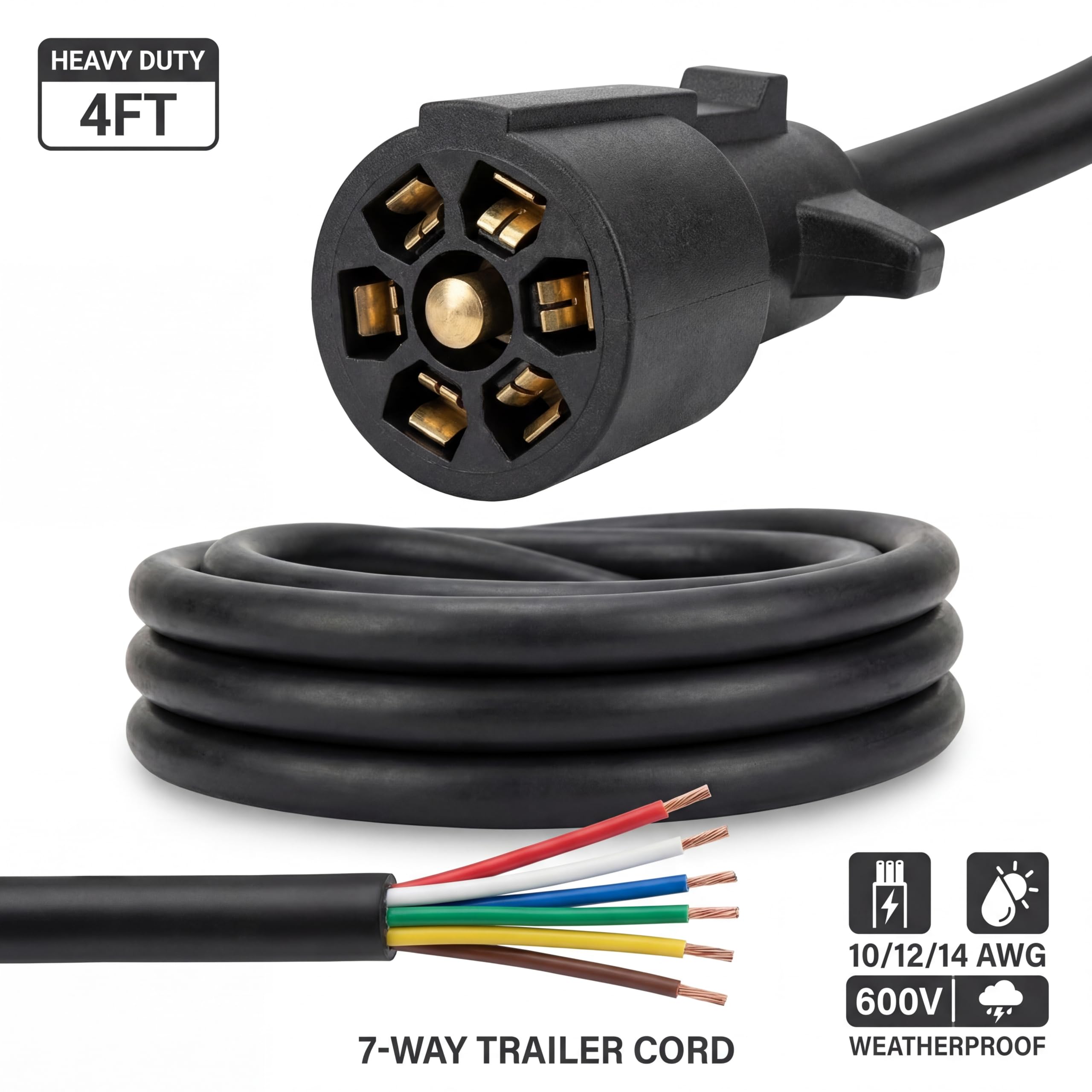 NAT 1,2 m ROJ, 7-drożny kabel do przyczepy, kodowany kolorami 600 V #10/2+#12/1+#14/4 (-40°C ~ 105°C) do przyczepy podróżnej, kampera, piątego koła