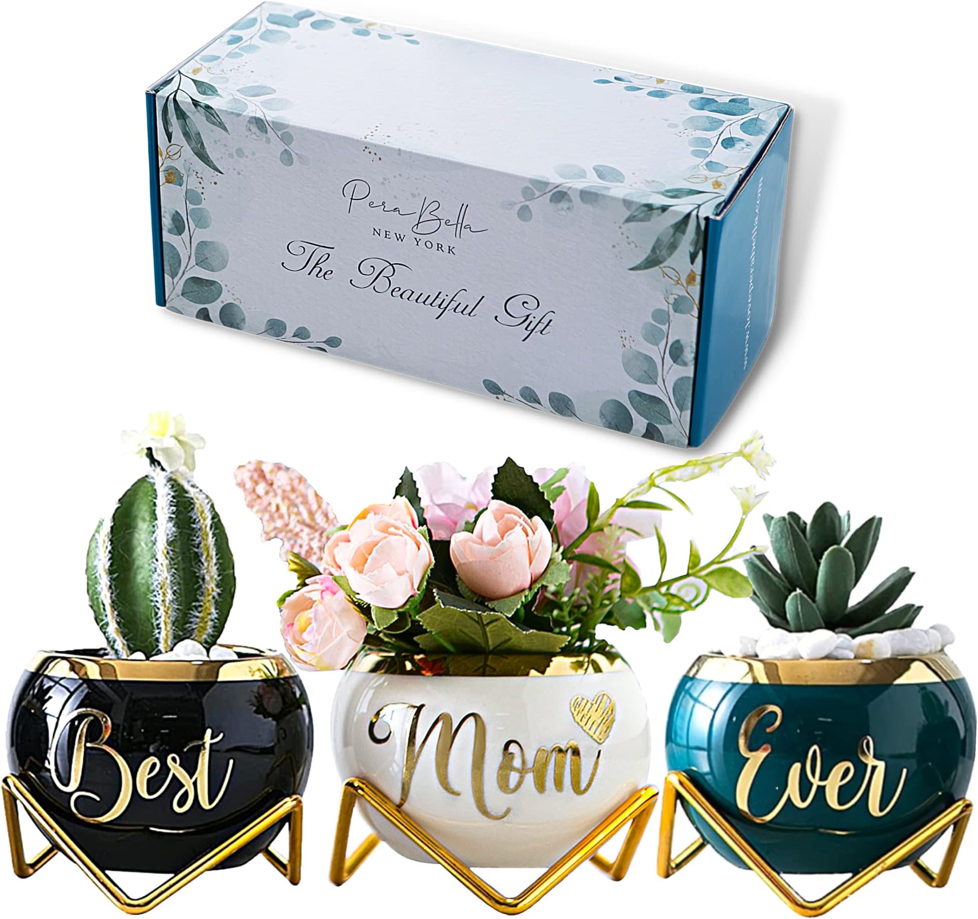 PeraBella Mom Gifts, Birthday Gifts for Mom, Mom Birthday Gifts, Unique Happy Birthday Mom Present, Mother Birthday Gifts, Mothers Day Mom Gifts -3 Succulent Pots