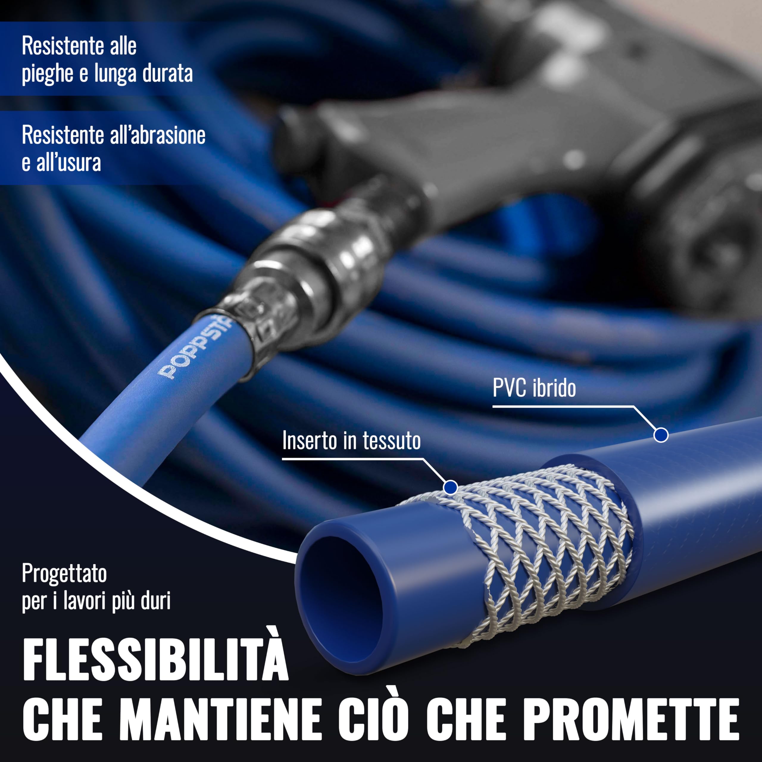 Poppstar Tubo per aria compressa attacco rapido 30 metri (PVC ibrido con tessuto, raccordo rapido) tubo compressore aria 20 bar, blu