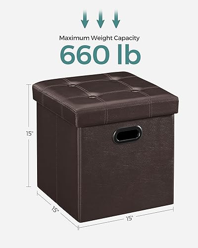 Miniatura 3 de Otomana plegable por Songmics, cubo de almacenamiento de 15 pulgadas con agujero y asa, piel sintética, Madera, Marrón