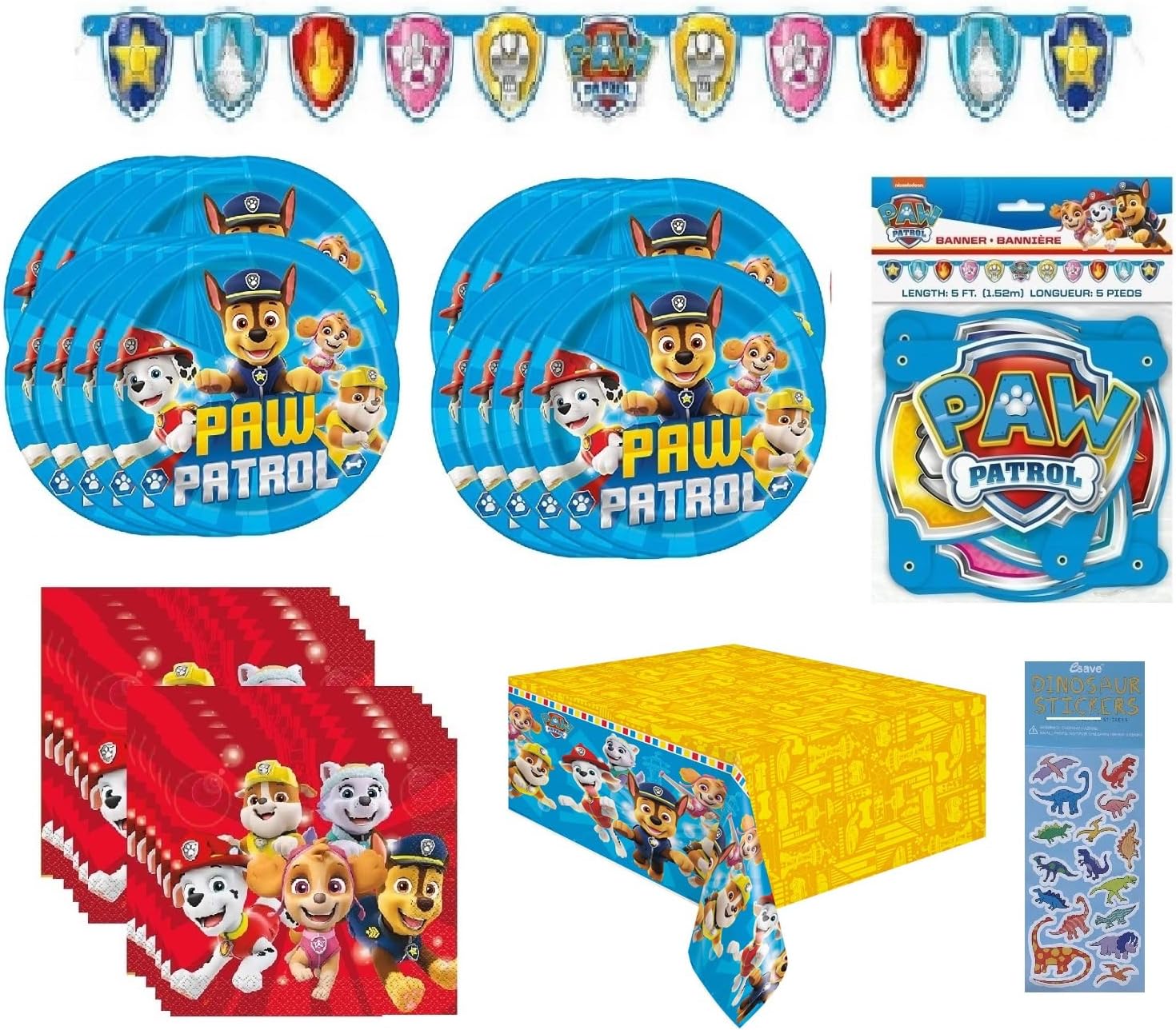 Unique Paw Patrol Party Supplies Bundle Pack includes 16 Lunch Plates, 16 Lunch Napkins, 1 Table Cover, 1 Party Banner (Bundle for 16)