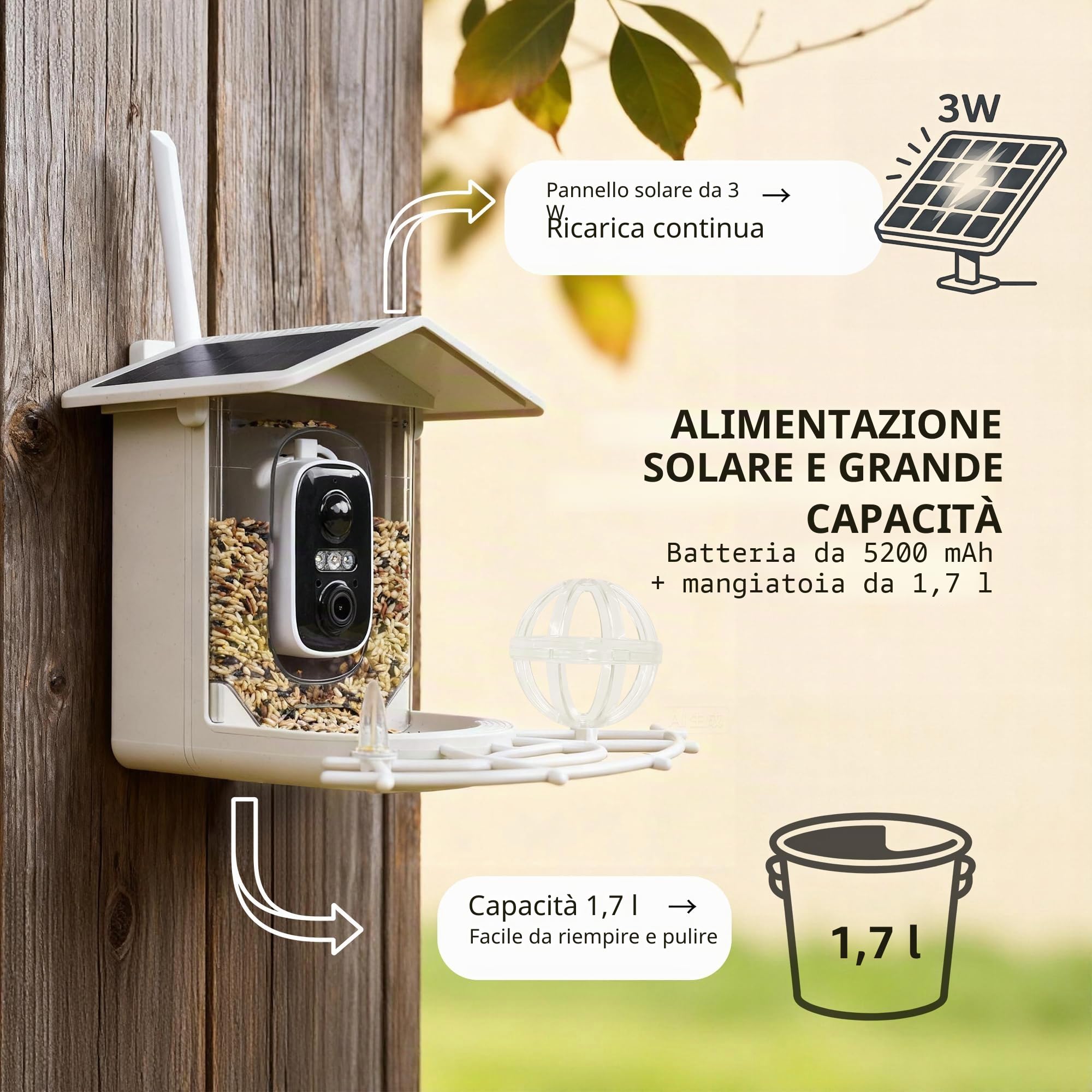 Origem Mangiatoia Per Uccelli Paglia di Grano con Telecamera e 64GB SD, Video 2K HD AI Identifica, 1.7L IP66 5200mAh Energia Solare Esterno Casetta Anti-scoiattolo per Cortile Fattoria Giardino Bosco