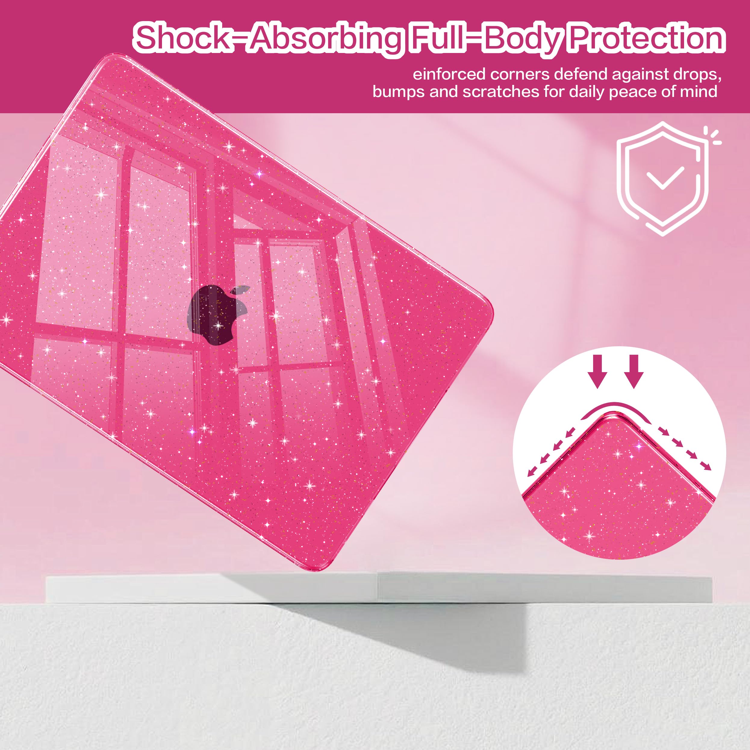 Teryeefi Gltter Schutzhülle für MacBook Neo 13 Zoll (33 cm) 2026 (A18 Pro) Modell A3404, schlanke Schutzhülle und Tastaturabdeckung & Typ-C-Adapter – Sparkly Rose Pink