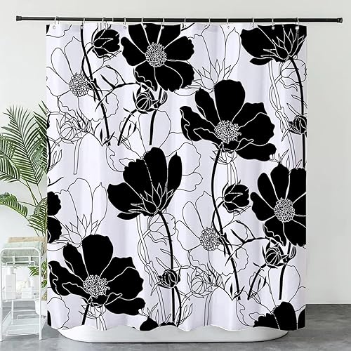 Cortina de ducha estética floral para baño, cortina de ducha de tela impermeable con ganchos, 72 x 72 pulgadas