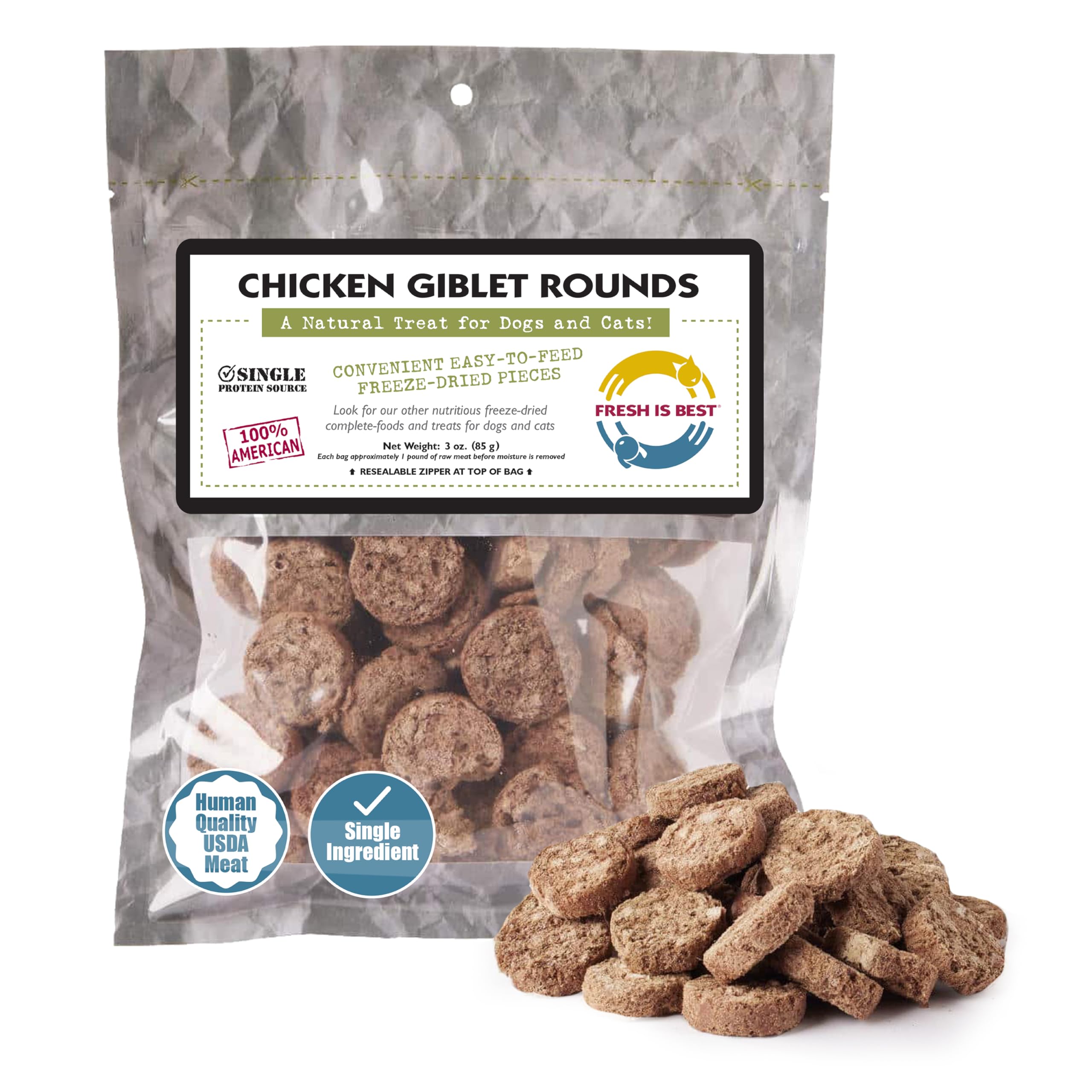 Fresh Is Best Freeze Dried Dog Treats - Freeze Dried Chicken Giblets - Fresh Cat & Dog Training Treats in Resealable Zipper Bag - Raw Chicken Hearts, Livers, and Gizzards Treat - Made in The USA
