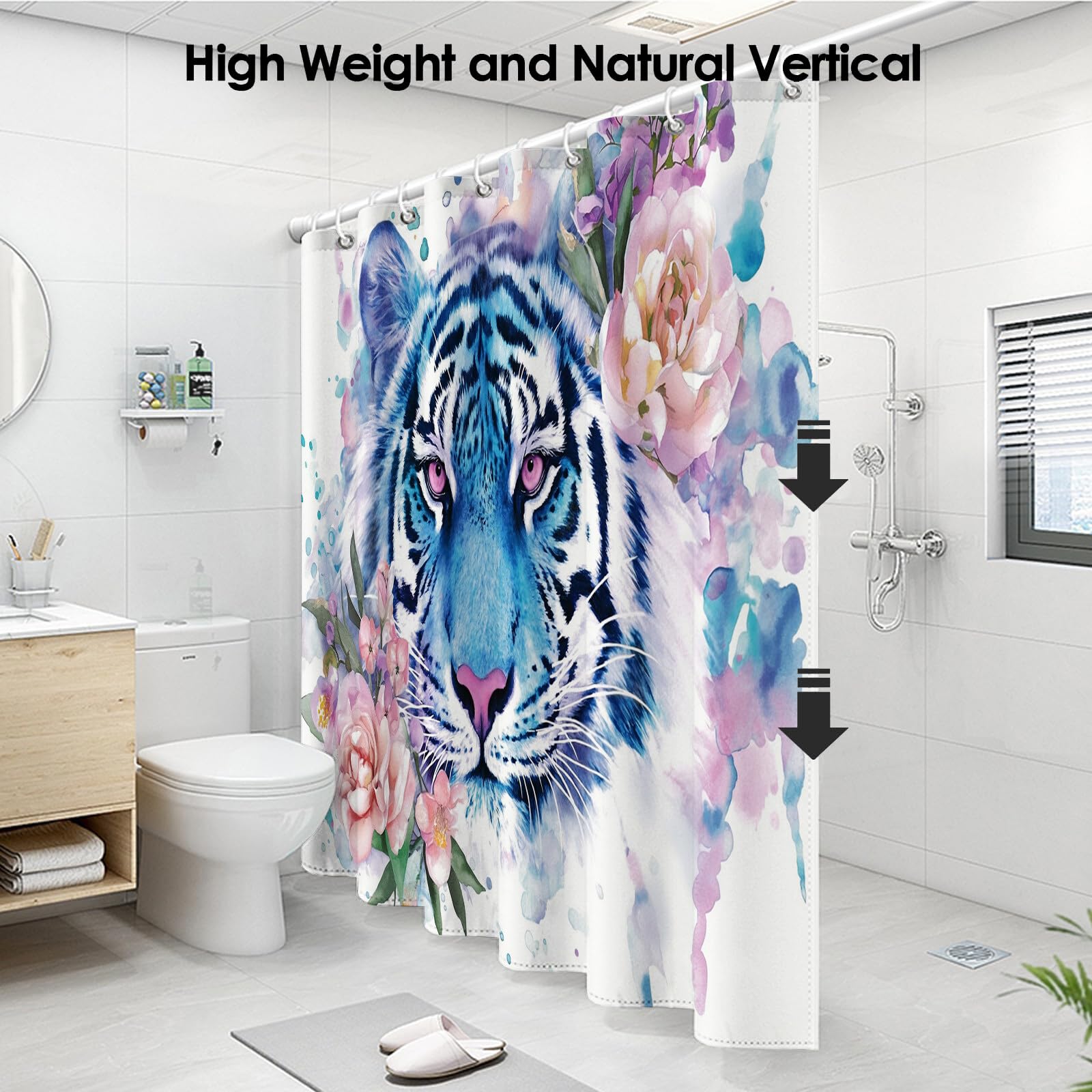 Rideau De Douche Tigre des Fleurs Animaux À L'Aquarelle Tissu Imperméable Lavable avec Crochets Anti Moisissure en Polyester Rideau Douche pour Salle De Bain