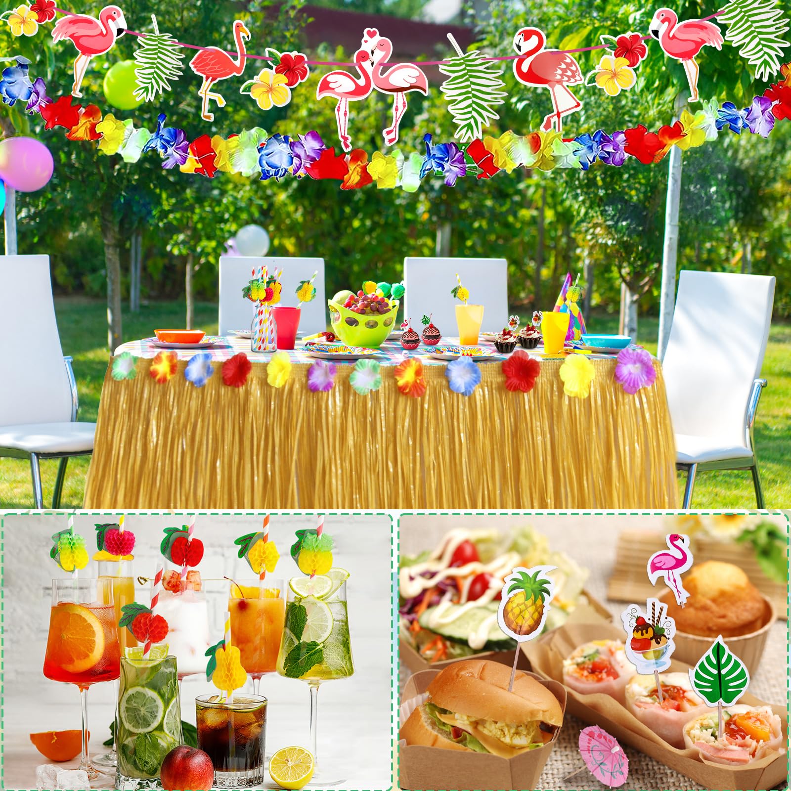 112 Pezzi Gonna Tavolo Hawaiana Tovaglia da Tavolo Set, Decorazioni Festa Hawaiana, Stendardo, Fiori, Foglie di Palma Artificiali, Forchette per Torta e Cannucce per Feste a Tema Hawaiano