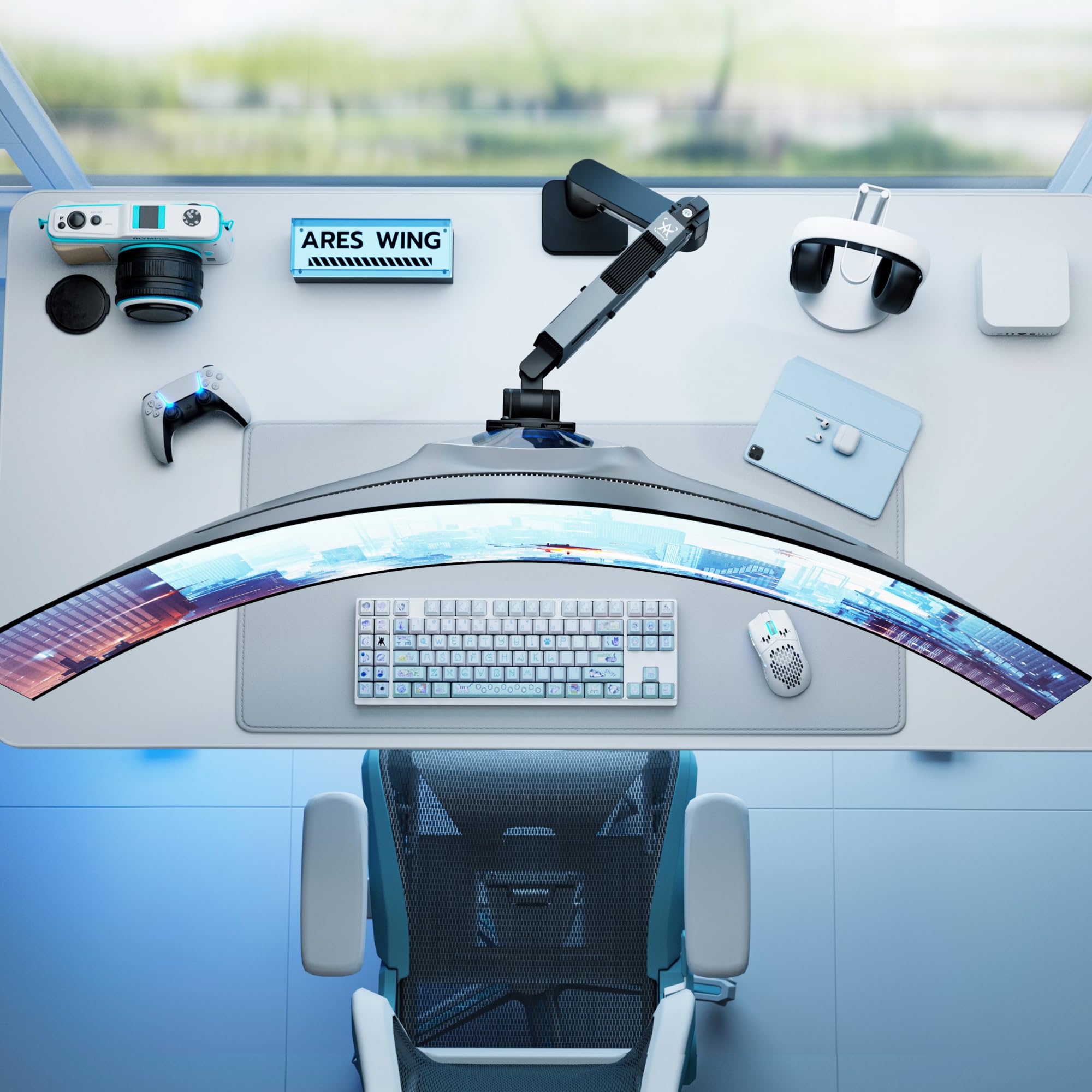ARES WING Monitor Halterung für 24-57" Bildsch, Schwarz | Monitor Arm mit Gasfeder, Monitor tischhalterung bis 30 kg, VESA Max bis 200x200