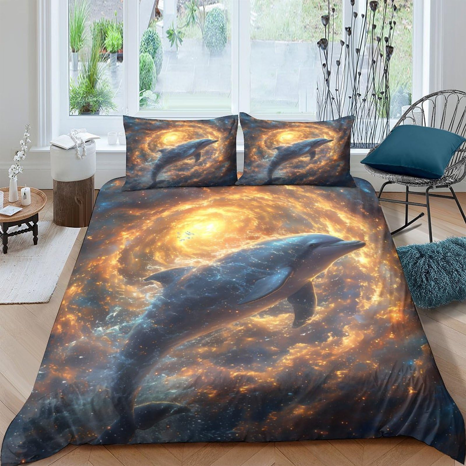 Ctjqhvkz Style-6 3D Printed Dolphin Galaxy Fitted Sheet Microfiber Soft Anti-Slip Cosmic Nebula Mattress Cover For Bedroom Decor Single（135X200cm）