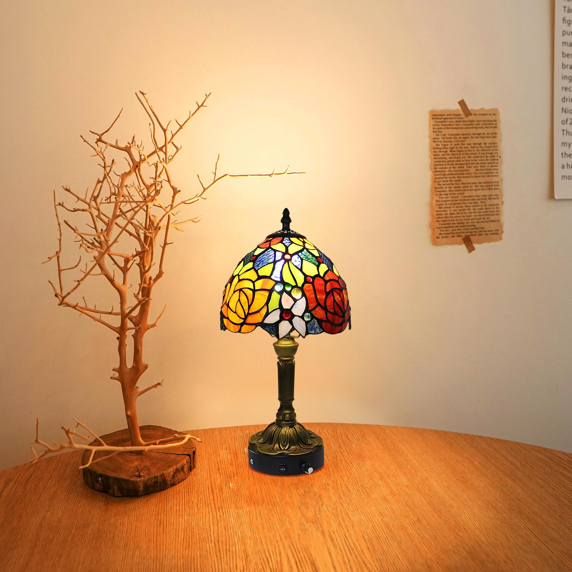 Tiffany-Stil Tischlampe Kabellos Warmweißes, Wiederaufladbar Tischleuchte, Dimmbar Nachttischlampe mit Glasschirm für Nachttisch Esszimmer Schlafzimmer -TD0934