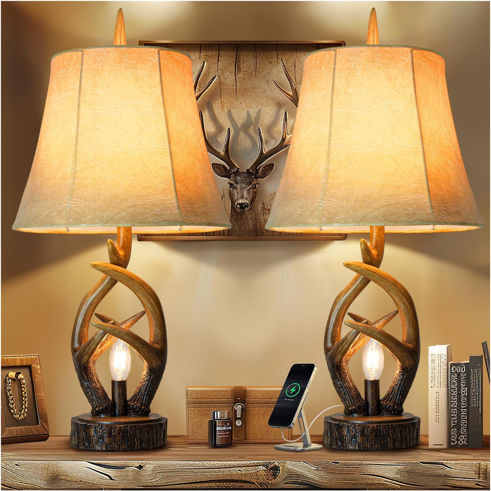 Scenekoy Rustic Farmhouse Antler Bedside Lamp, Set of 2 with Night Light, Dual USB Ports, Leather, Soft Bell Shade, Brown Finish, Bedside Lamp, Living Room Decoration,