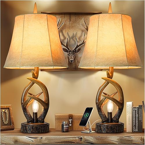 Scenekoy Juego de 2 lámparas rústicas de mesita de noche con cuernos de granja con luz nocturna, puertos USB duales, pantalla de campana suave de