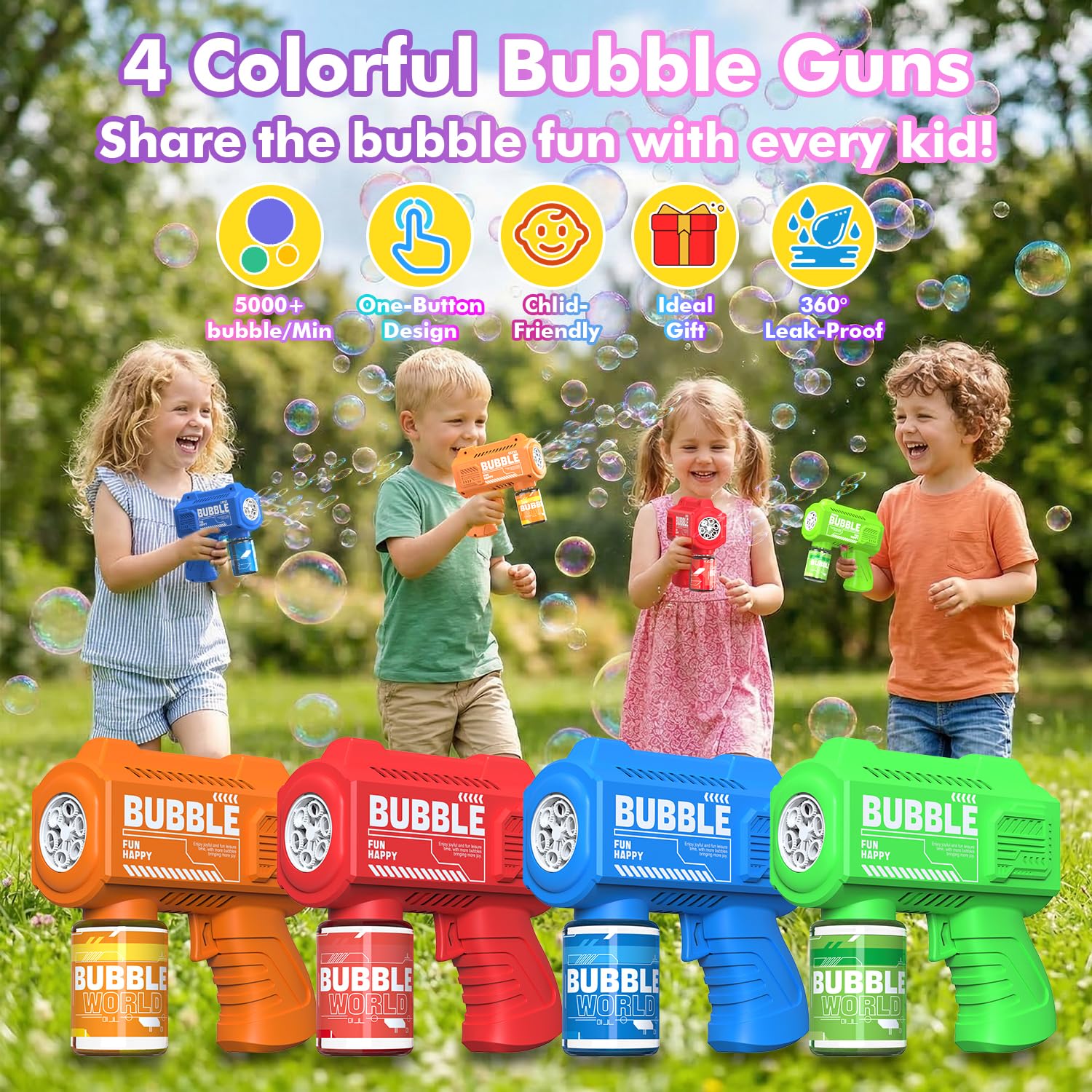 4 Pièces Pistolet à Bulles Automatique - 5000+ Bulles/Min, Portable avec Lumières, 4 Solutions + 10 Recharges - Jouets Bulles pour Enfants - Mariages/Anniversaires/Fêtes/Cadeau