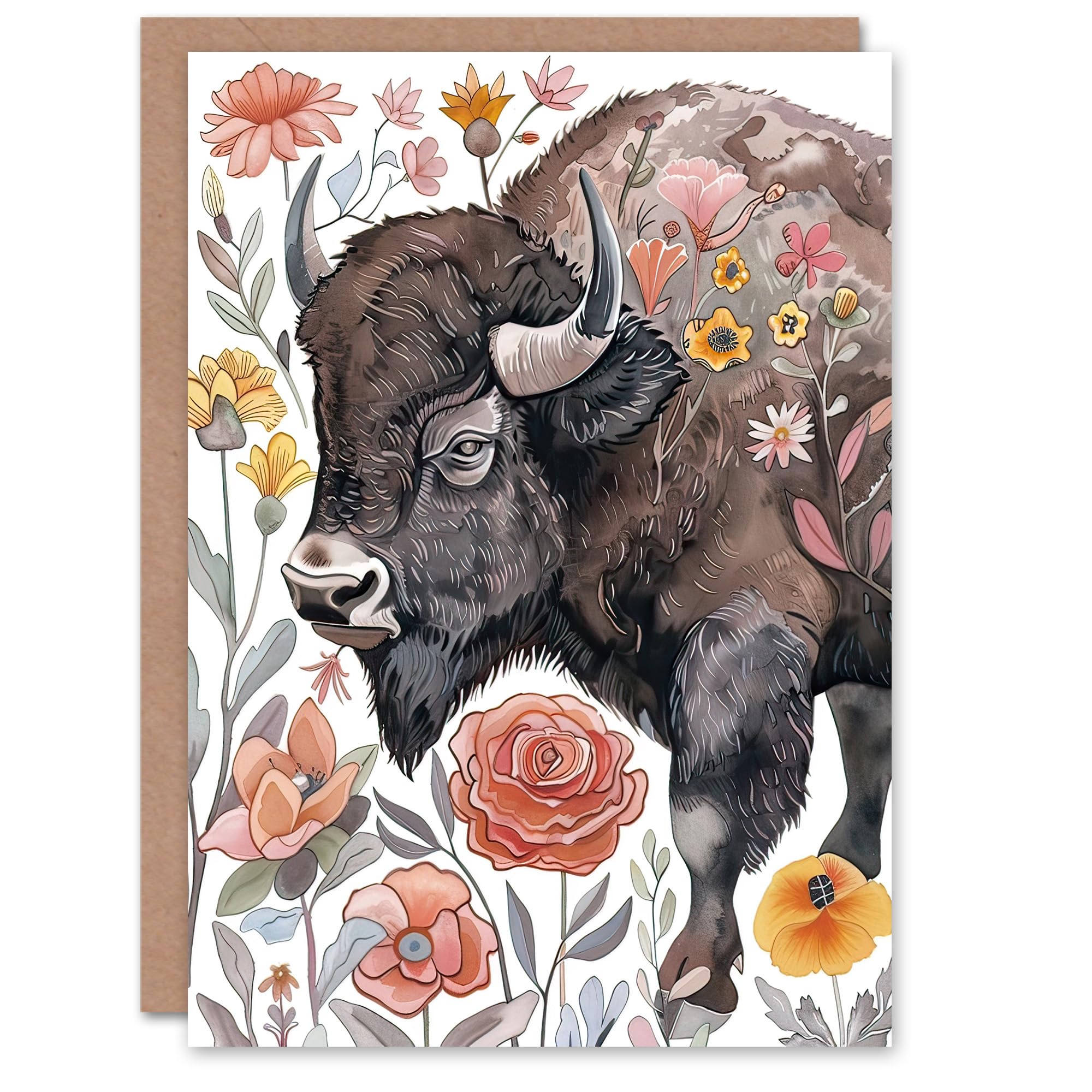 Artery8 Greeting Card Stylised Majestic Bison in Spring Wildflowers For Her Woman Birthday Card