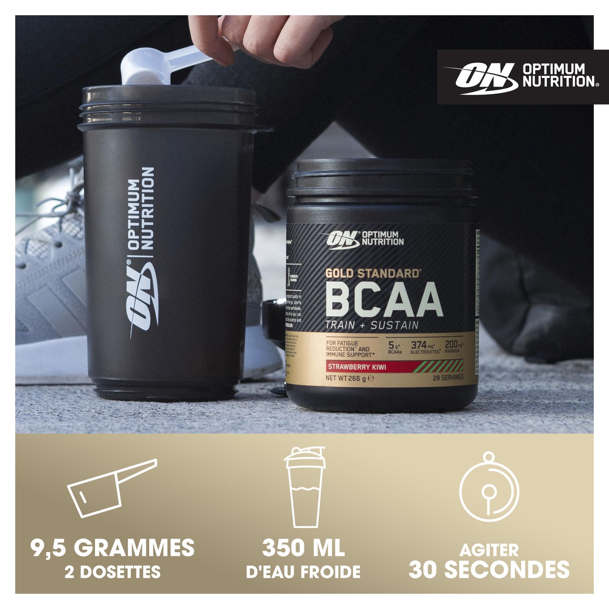 Optimum Nutrition Gold Standard BCAA Train + Sustain, poudre d'acides aminés pré-entraînement, boisson sportive, vitamine C, zinc, magnésium et électrolytes, saveur fraise & kiwi, 28 doses, 266 g
