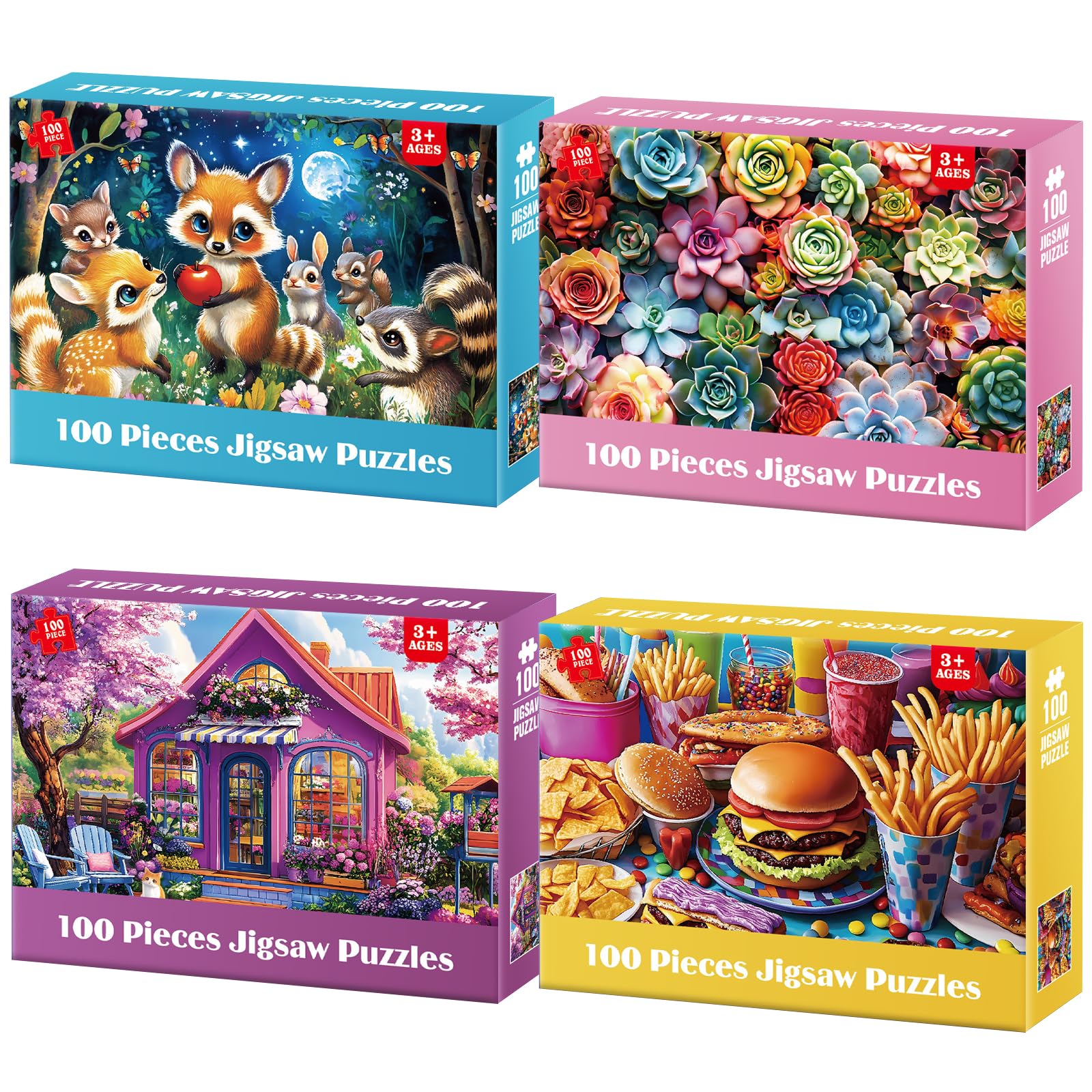 4 Packs 100 Piece Puzzles for Kids - Food Animals Scenery, Large Piece Puzzles for Seniors Adults Kid Puzzle Ages 5-8 Jigsaw Puzzle for Kids Ages 6-8