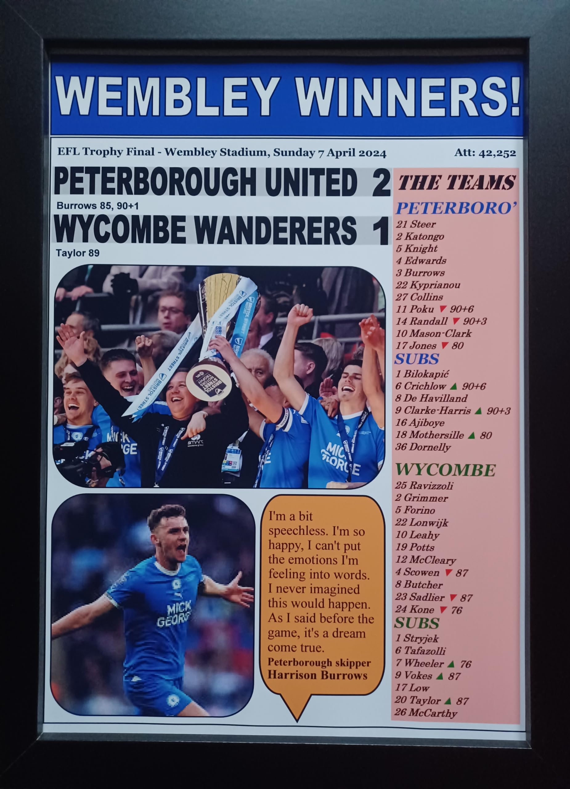 Assorted Multicoloured Peterborough United 2 Wycombe Wanderers 1-2024 Efl Trophy Final - Framed Print