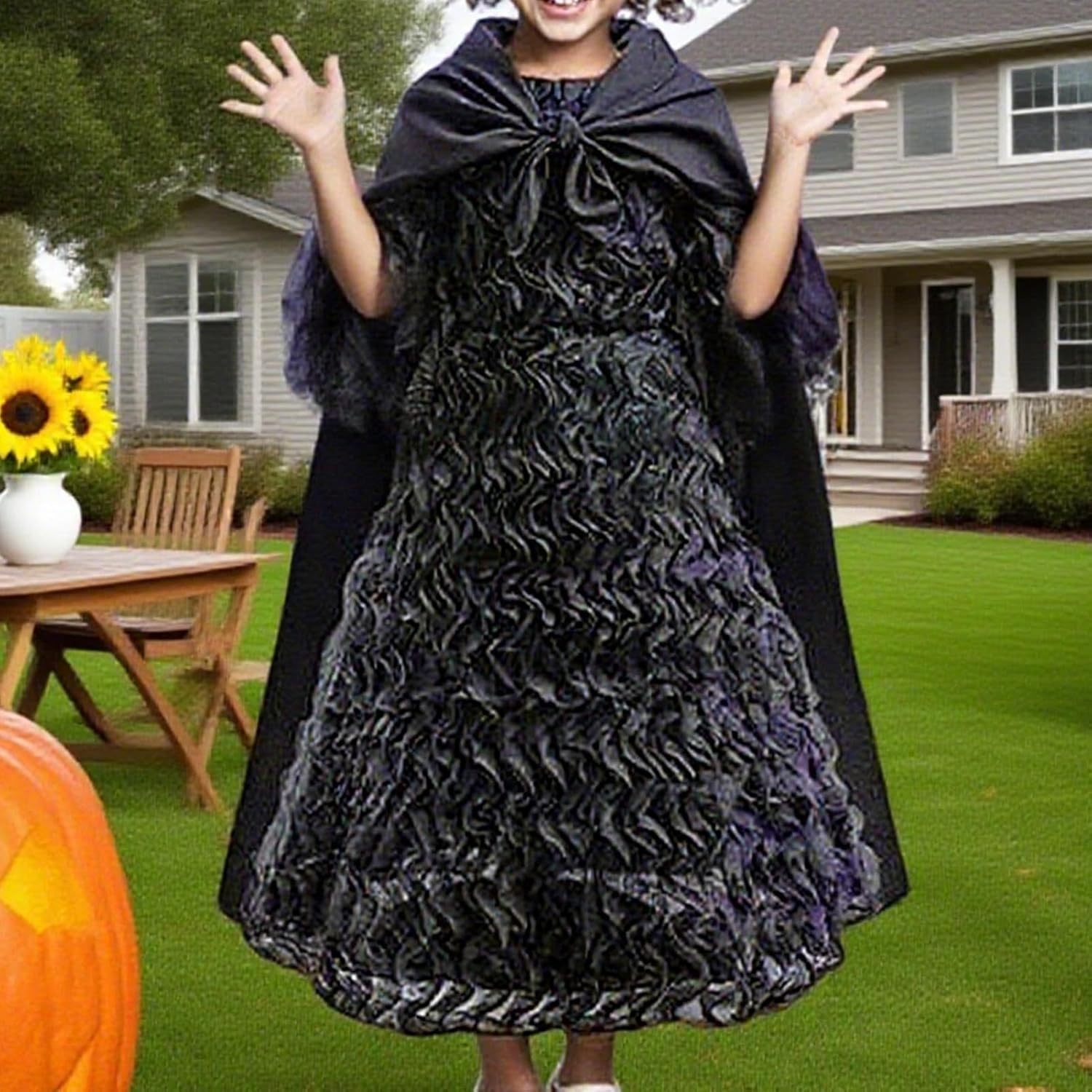 魔女コスチュームアクセサリーセット - 魔女 黒 ドレス ハロウィーン用 | パーティー衣装 通気性素材,5～12歳向け 舞台演劇コ