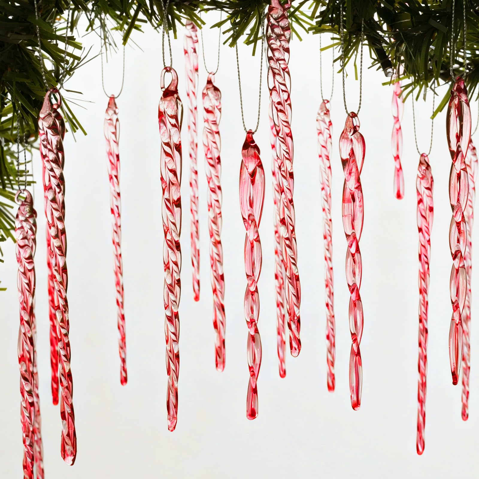Stalactites pour sapin de Noël en verre véritable, set décoratif de 32 suspensions rouge cristal