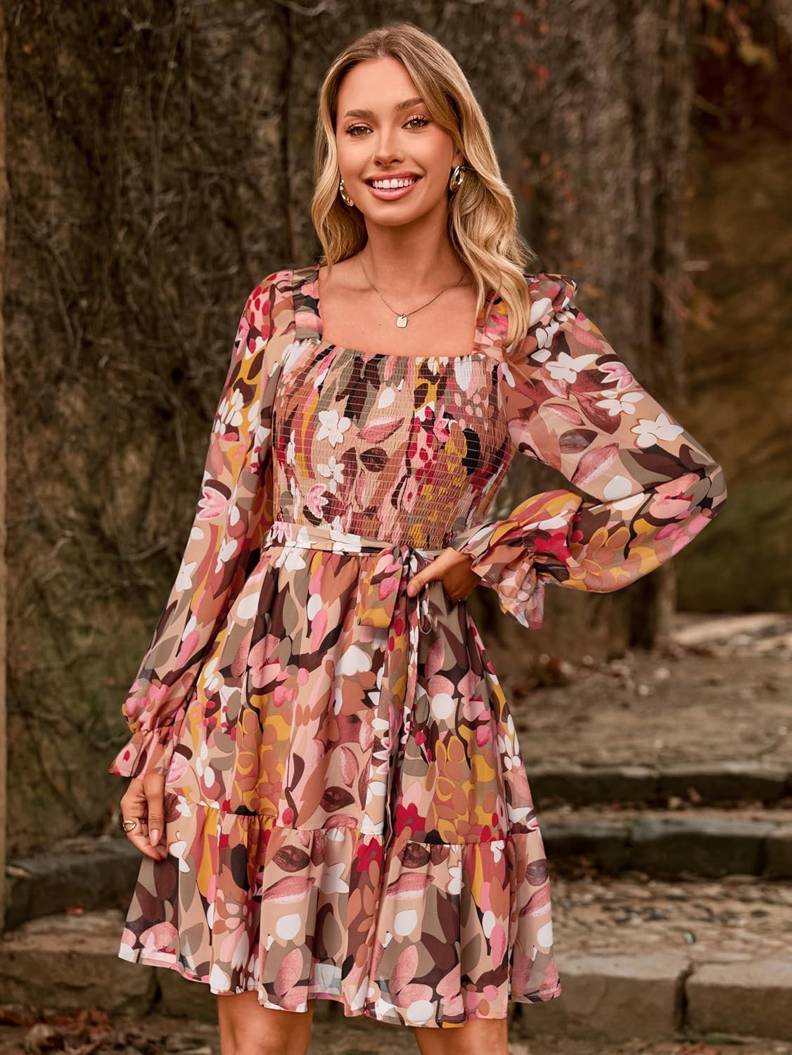 Simplee Womens Floral Long Sleeve Mini Dress Boho Square Neck Smocked A-Line Flowy Short Wedding Guest Dresses - Image 3