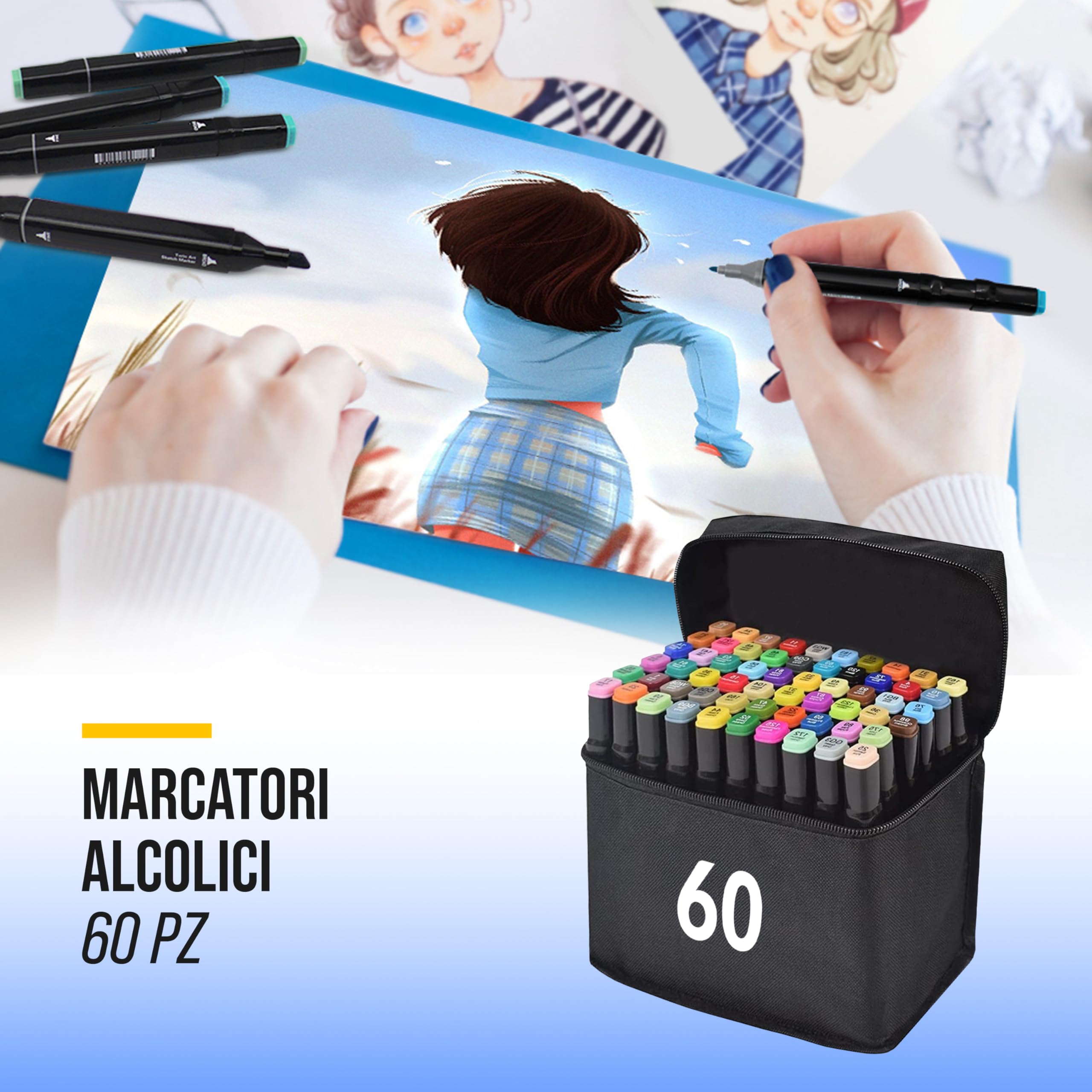 Set 100 Pennarelli Professionali A Doppia Punta - Cassetta In Legno, Inchiostro A Base Alcool, Punte 1mm E 6mm