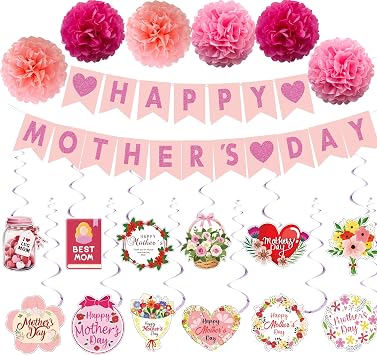 Mothers Day Decorations Set - Happy Mothers Day Glitter Banner, 6Pcs Paper Pom Poms, 14Pcs Hanging Swirls with Flower Cutouts - Pink Floral Party Supplies for Home, Office, Classroom