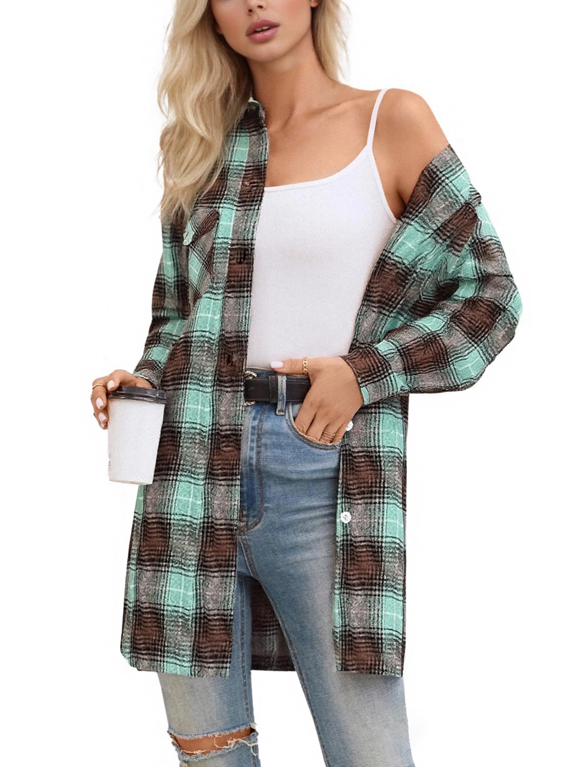 SANGTREE Women and Girls Oversized Flannel Plaid Shirt Mid-Length Casual Button Down Shirt with Pockets