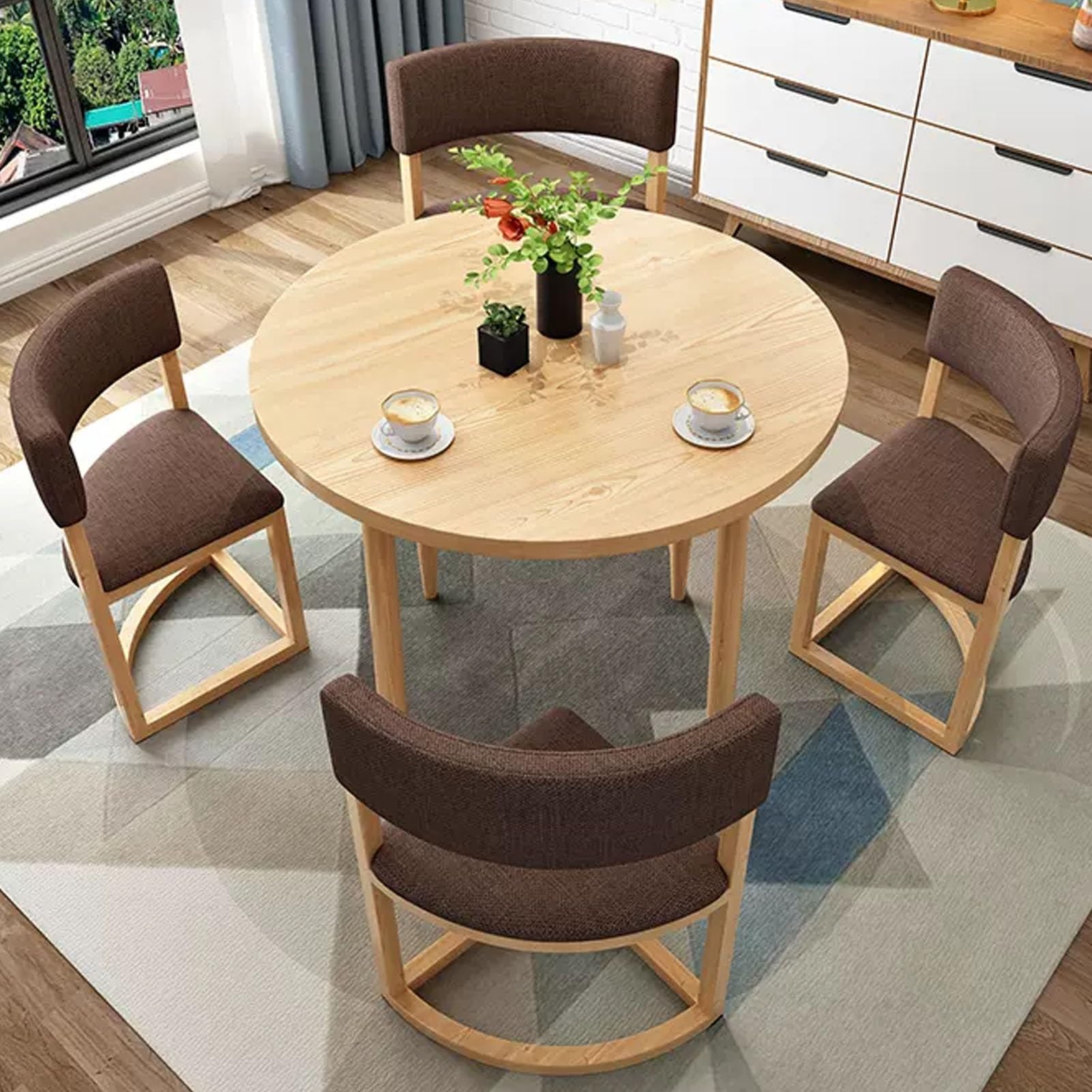 ASerZenith Office Reception Round Table Set 31.5" Conference Table With 4 Chairs Compact Meeting Room Furniture Green Negotiation Table For Lounge & Small Spaces,Brown