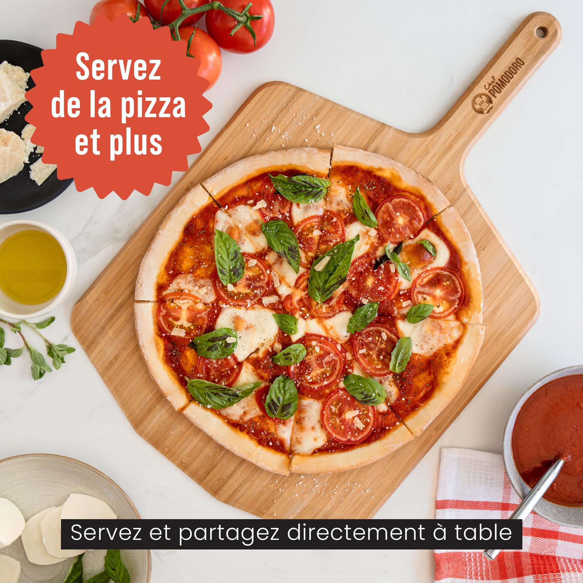 Chef Pomodoro - Grande Pelle A Pizza En Bois de Bambou (41 cm) - Pelle Pizza et Planche à Découper, Préparer et Tranférer vos pizza et pains - Planche pizza Légère et Résistant, Convient aux fours