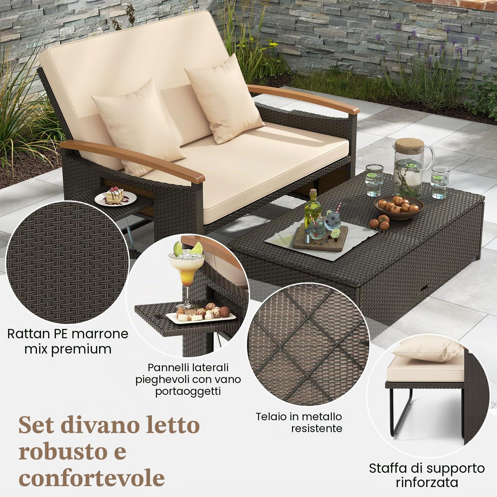 GIANTEX Divano da Giardino in Rattan a 2 Posti con Funzione Allungata, Set di Mobili in Rattan con Sgabello, Doppia Sedia a Sdraio per 2 Persone, 3 Colori (Cuscino Beige)