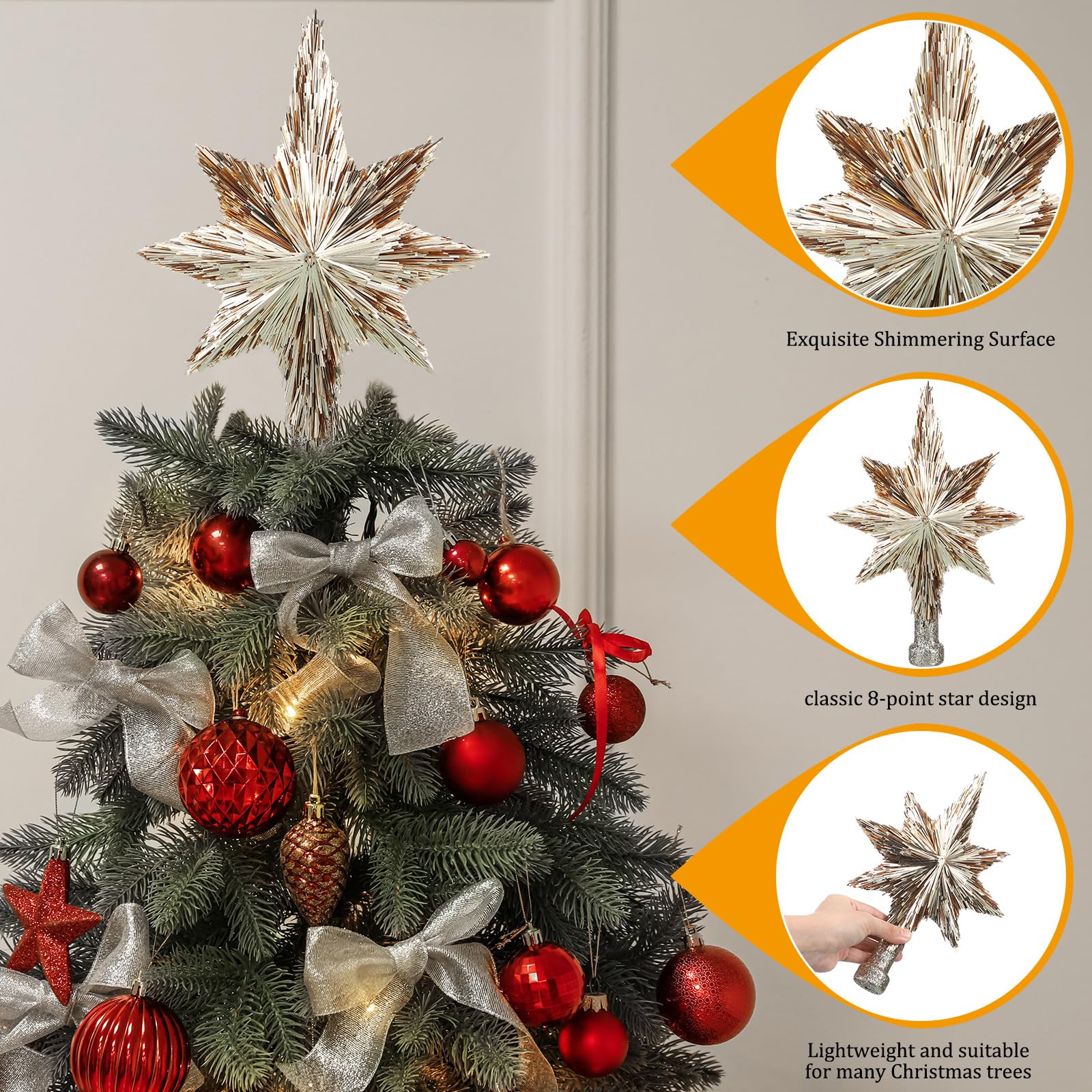 Gejoy Étoile à paillettes pour cime de sapin de Noël - 25,4 cm - Décoration pour la maison, le sapin de Noël, les fêtes de fin d'année (champagne doré)