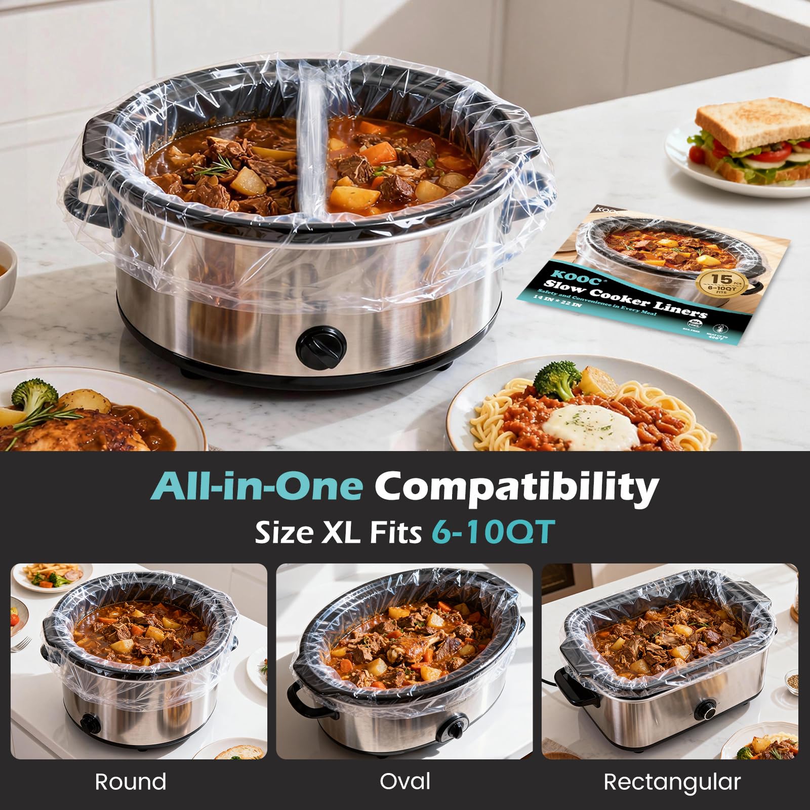 KOOC Slow Cooker Liners, 15 count 14" x 22" Extra Large Size Cooking Bags Fits 6-10 Quart Pots, Disposable Pot Liners Suitable for Oval & Round & Retangular Pot - 2