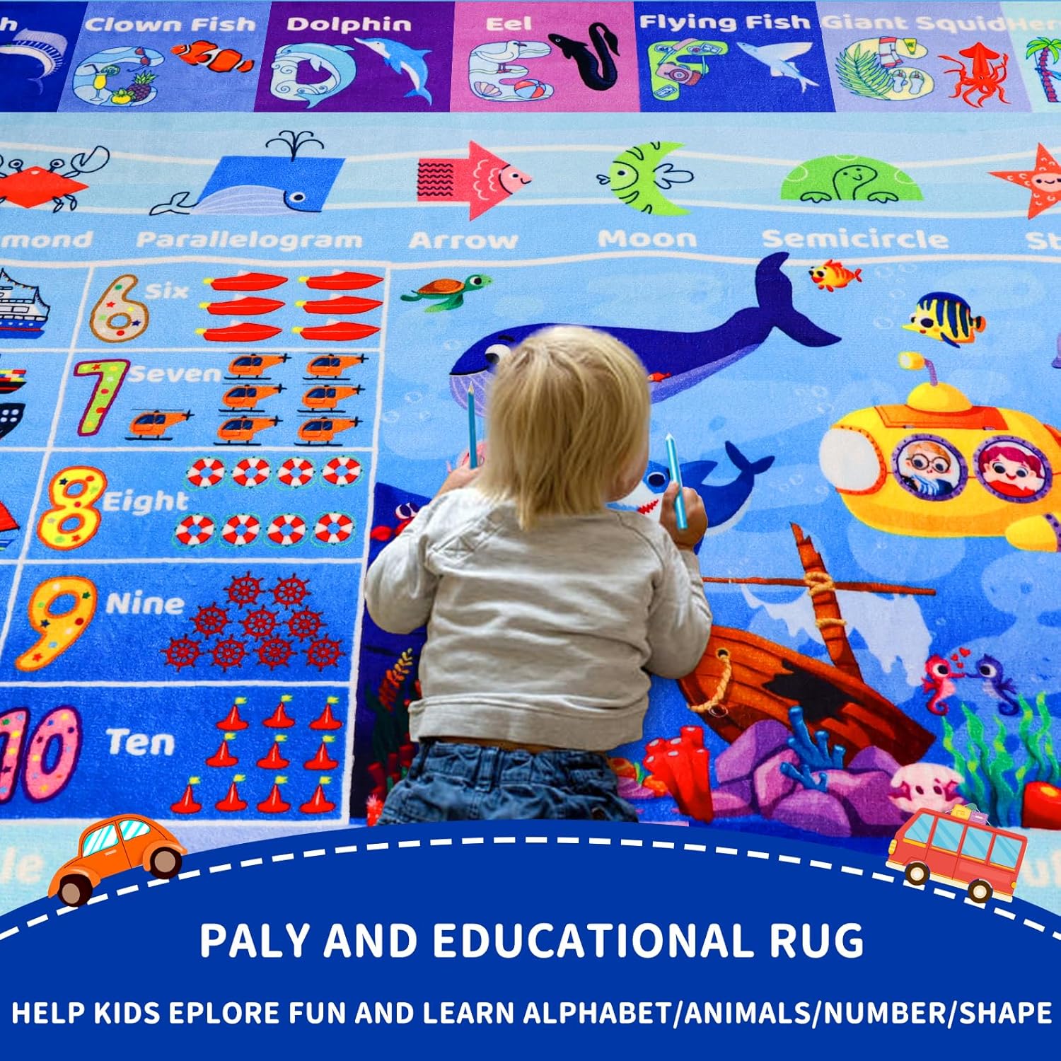 ABC Kids Rug for Playroom 59"×39.4" Ocean Rug Baby Play Mat Alphabet Carpet Sea Animal Number Shape Classroom Kids Playroom Mat Early Learning Carpet for Preschool Toddlers