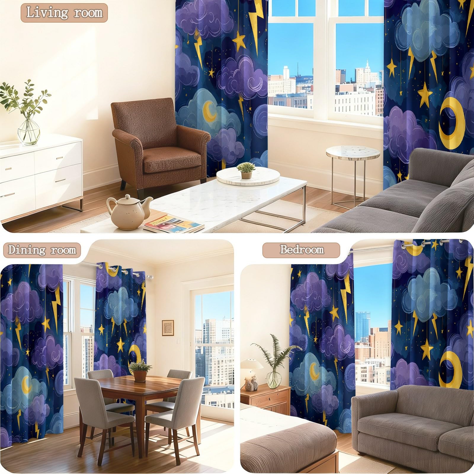Générique Rideau Occultant, Aquarelle Onirique Motif Rideaux Thermiques à Oeillets, Étoiles Lune Nuages Éclairs Rideaux Imprimé pour Salon Chambre Fenetre Décoration, 70 X 200 cm (LxH), Lot de 2