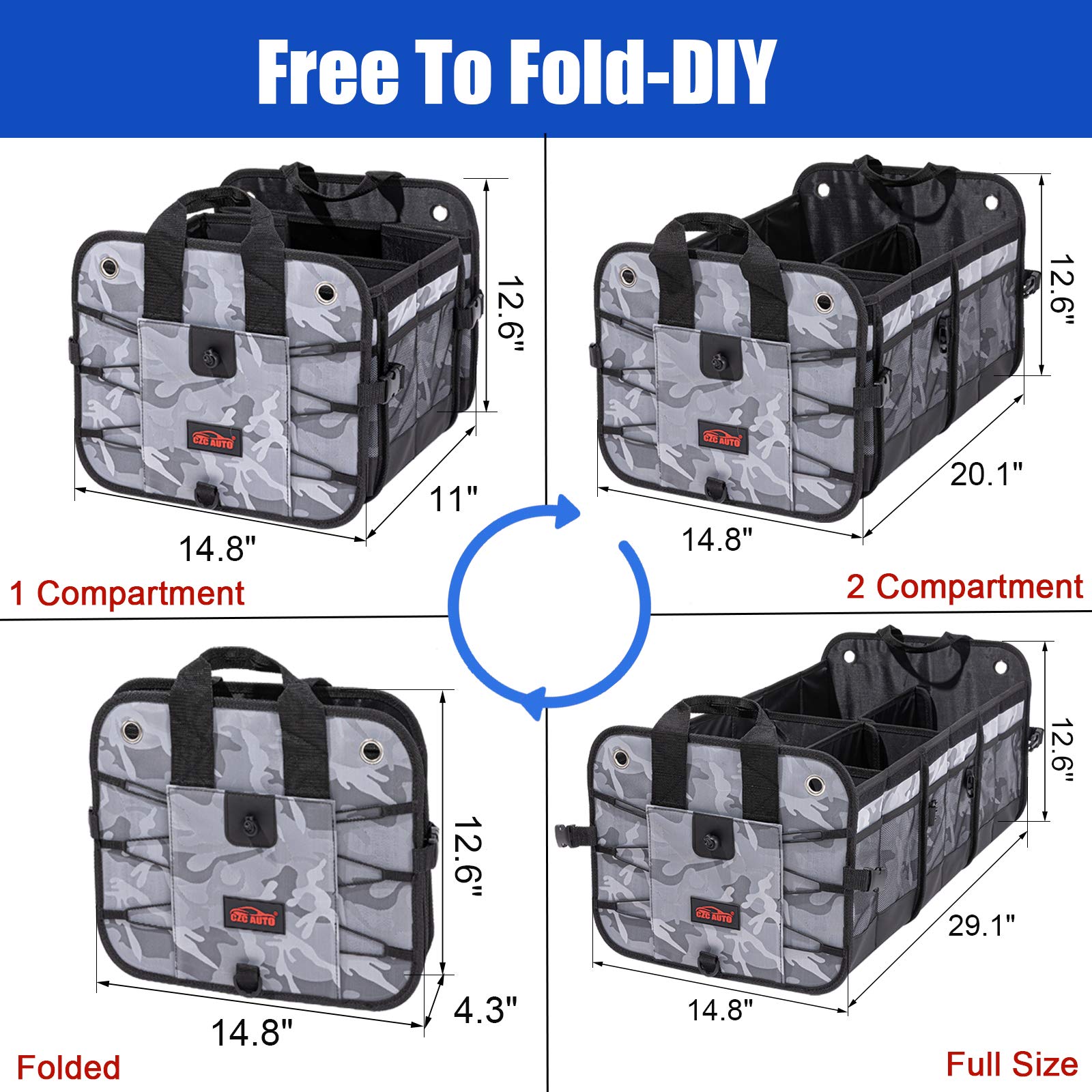 CZC - Organizer per bagagliaio auto, pieghevole, con 6 scomparti per auto, SUV, camion (mimetico)