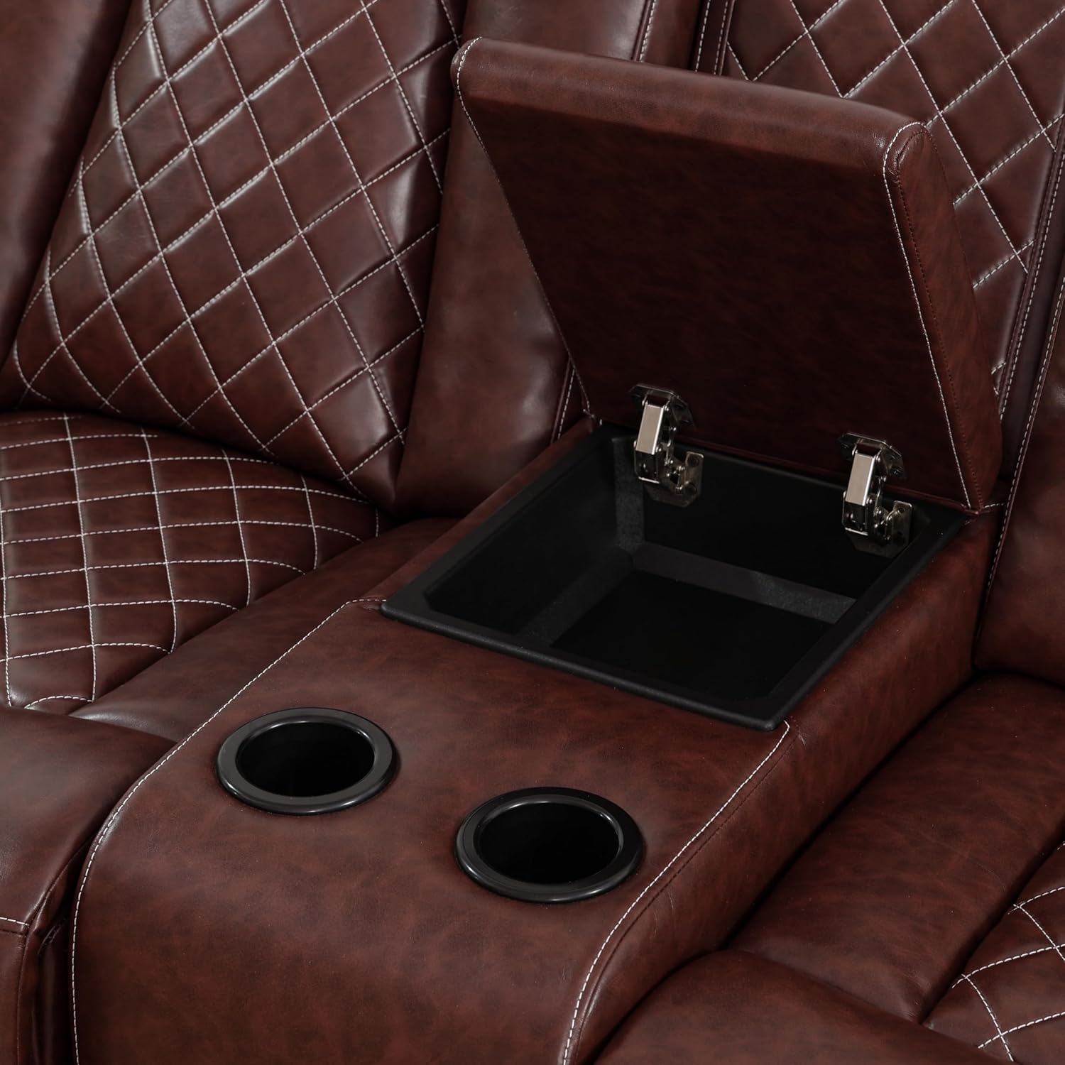 Power Reclining Sofa Set with LED Lights, Leather Recliner Couch Set with USB Ports, Cup Holders & Armrest Storage, Modern Breathable Living Room Furniture (3 Piece, Brownish Red)