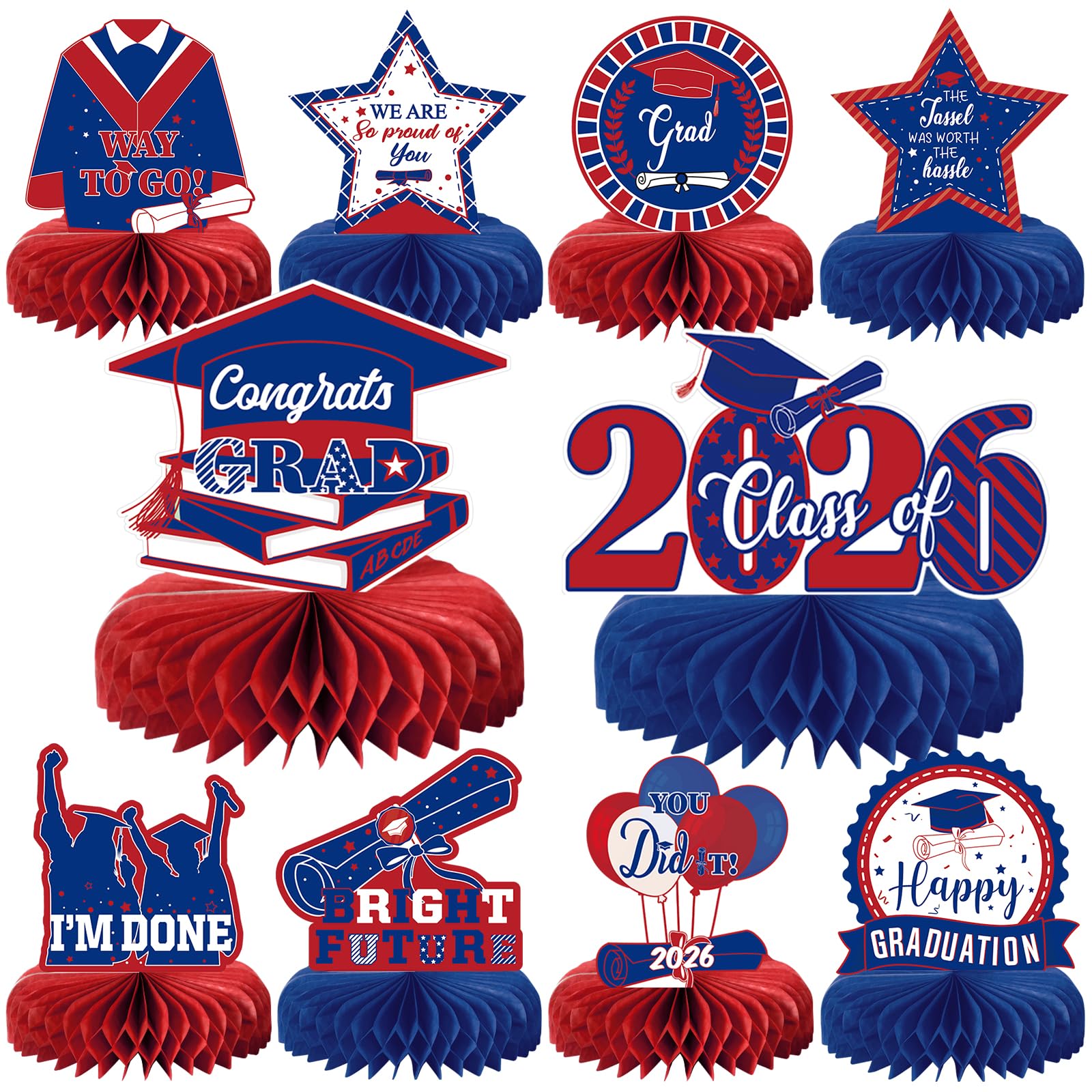 Photo 1 of 10PCS Graduation Party Decorations Class of 2026 Congrats Grad Table Centerpieces Congratulate Graduation Honeycomb Table Toppers for Graduation Party Supplies(Blue Red)