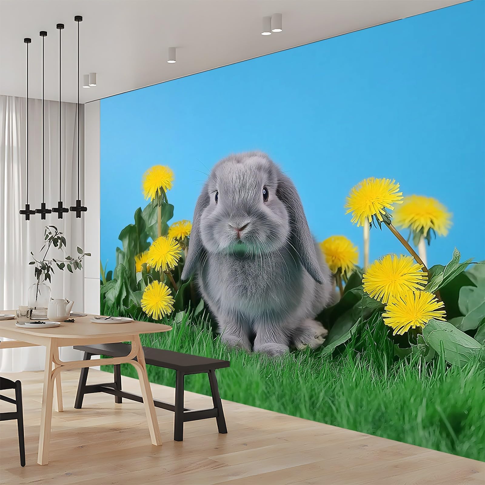Wall Mural Photo Wallpaper Animals Rabbit Grass Non-Woven Art Print Wall Mural Decoration Poster Picture Design Modern Living Room Kitchen Dining Room Bedroom Photo Wallpaper 300 x 210 cm Blue Green