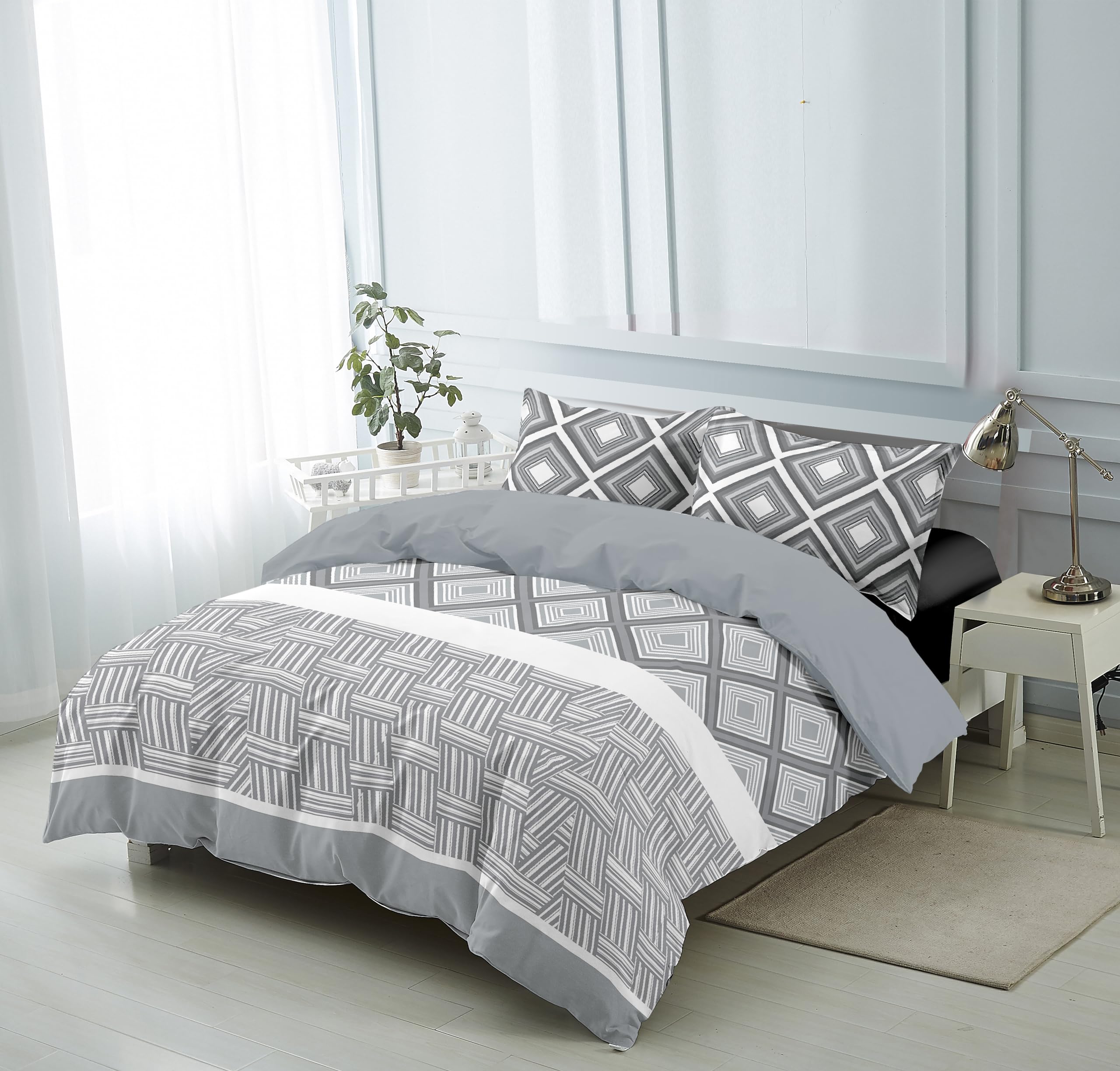 H HANSEL HOME Funda Nordica Cama 135 de 4 Piezas Transpirable Suave al Tacto 100% Microfibra, Funda Edredón 220x220m, Bajera 135x200cm con 2 Fundas de Almohada 50x75cm - Cúbico Monocromo