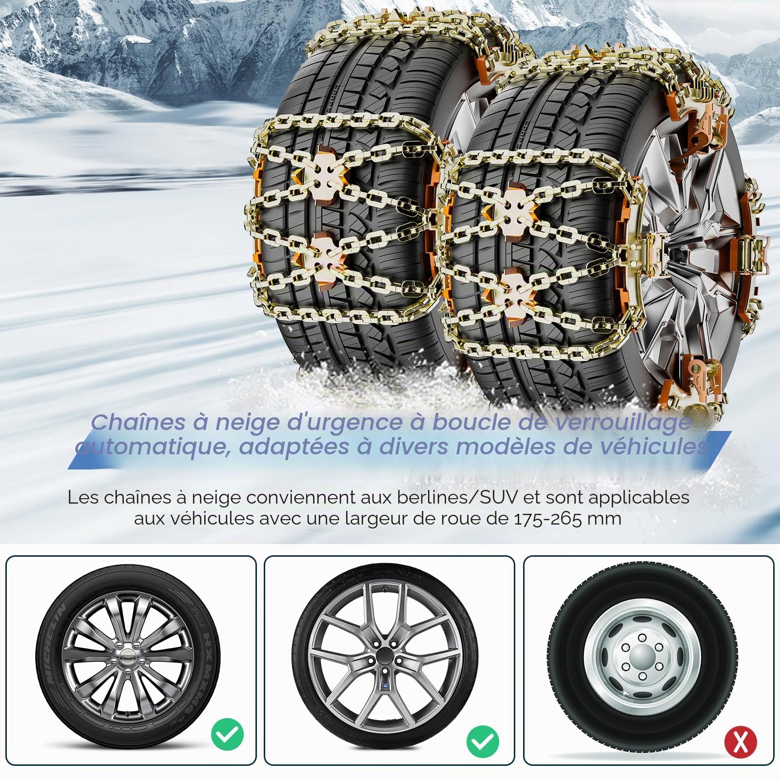 Chaînes à Neige Pour Auto GOHHME 4 Pièces Chaine Voiture Neige en Fer avec Gratte-Glace Pour Tous Types de Véhicules, Fermetures à Engrenages Automatiques 175mm-265mm