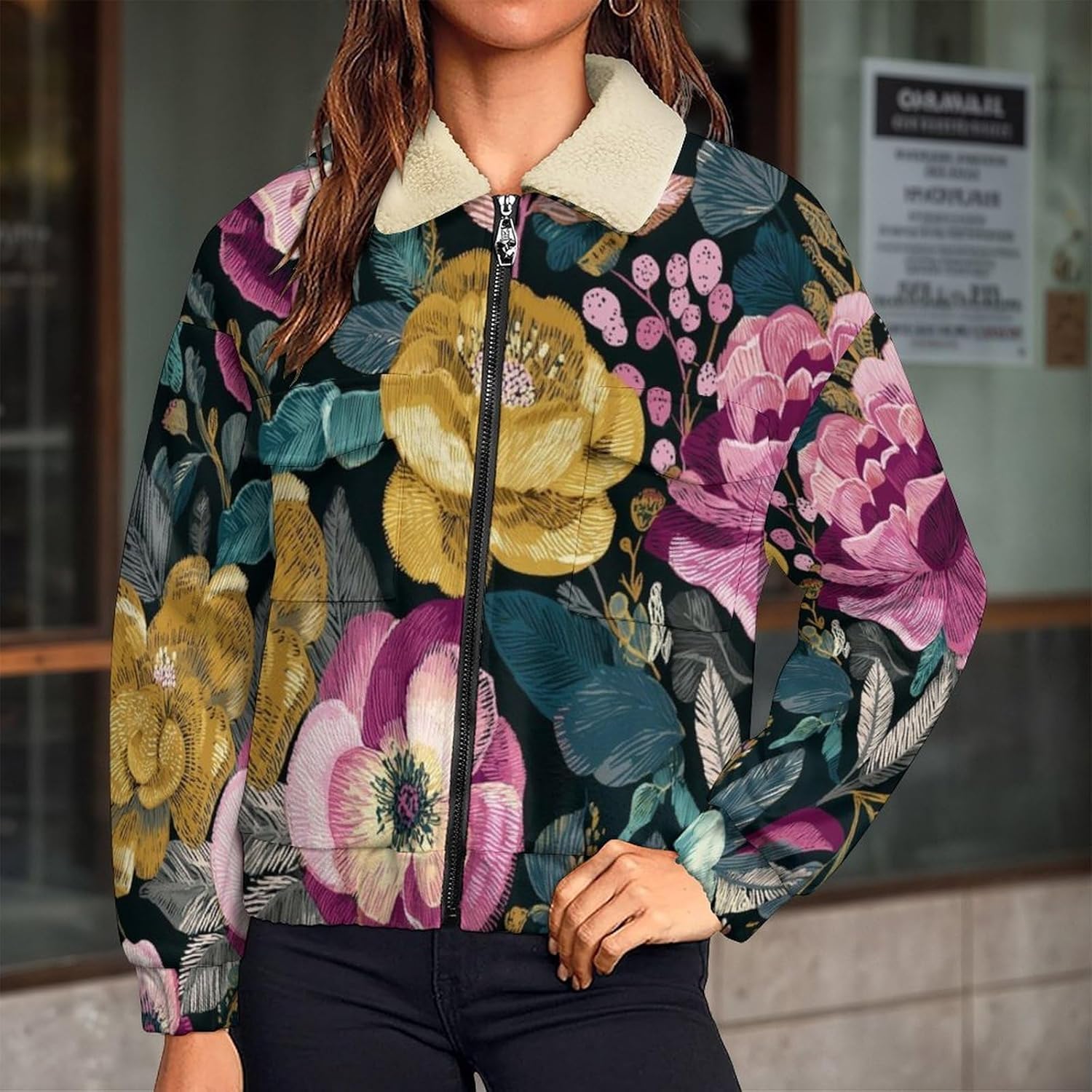 Women's Full Zip Soft Polar Fleece Jacket, Floral Peony Printed Outdoor Coat, Long Sleeve Comfortable Outerwear