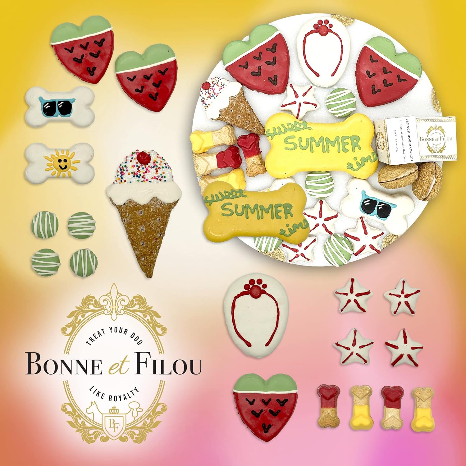 Bonne et Filou Dog Summer Treats Human Grade Gourmet Treats Gift Box 21 Luxury Snacks with Dog Macarons, Truffles & Bone Cookies Healthy Snacks for Small to Large Breeds