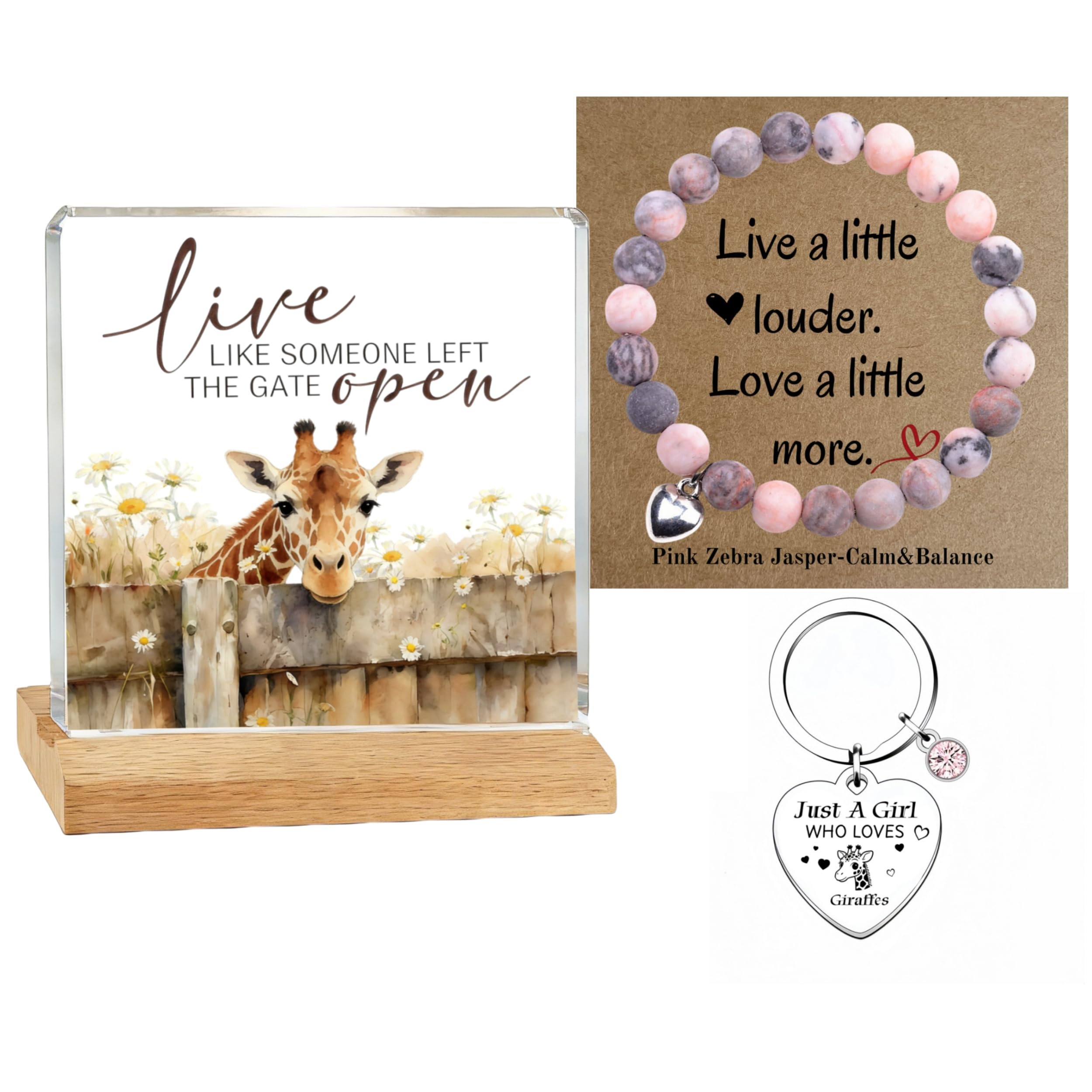 Qualisrugs Women's Giraffes Giraffe Gifts For - 3-In-1 Giraffe Lover Gift Set With Pink Zebra Jasper Wristlet Keychain Accessory, Acrylic Desk Plaque Decor & Heart Keyring - Just A Girl Who Loves Birthday Present