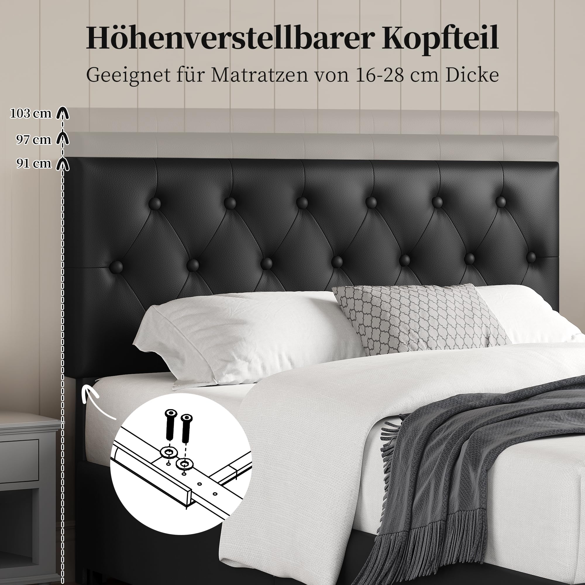 Yaheetech Polsterbett 140 x 200 cm Doppelbett Bettrahmen mit 2 Schubladen | Höhenverstellbares Kopfteil Jugendbett Gepolstertes Bett mit Lattenrost viel Stauraum, Schwarz