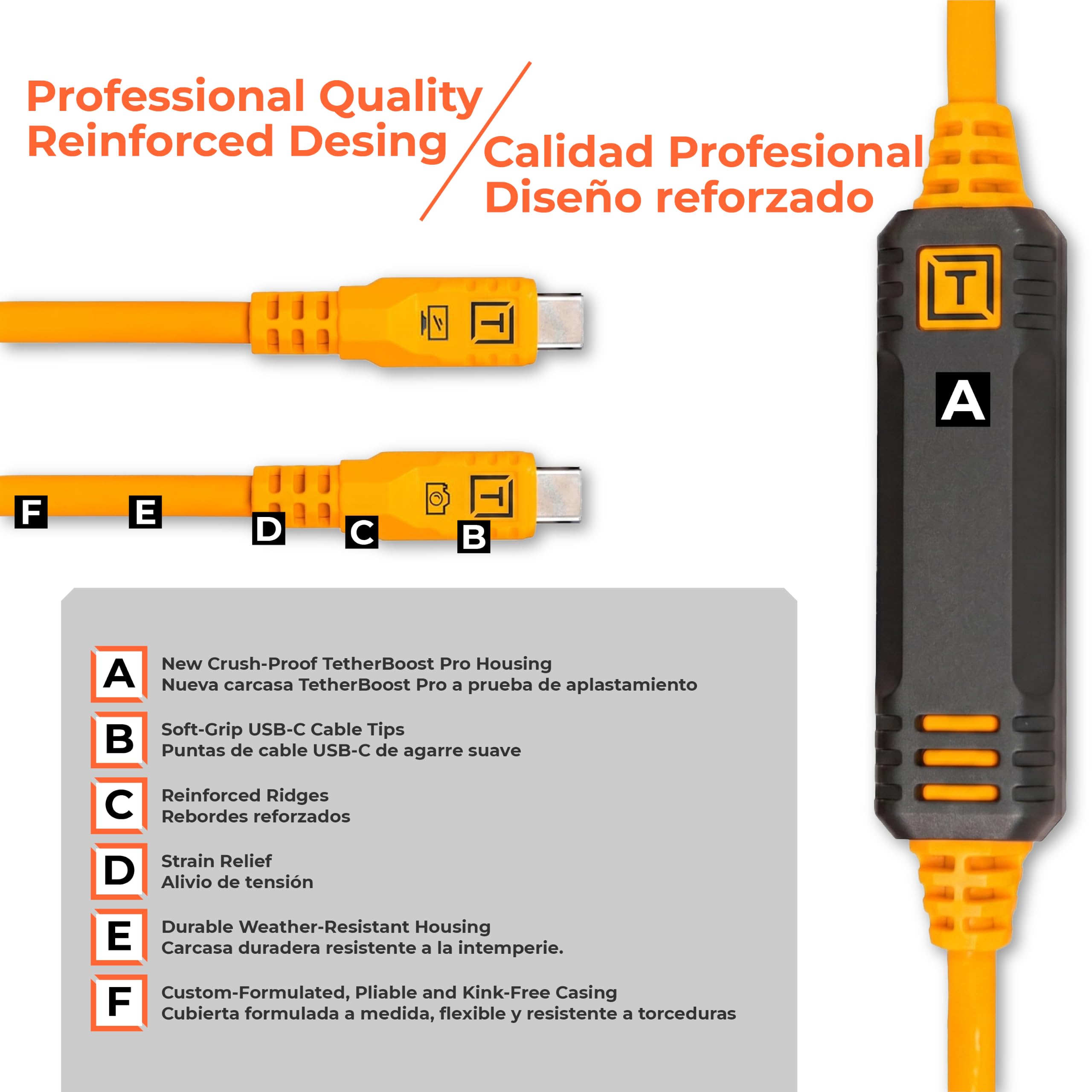 Tether Tools TetherPro USB-C Optima 10G gerade orange 4,6m | Gerade auf gerade, TetherBoost-Signaltechnologie, sofortige Kameraerkennung, 10 Gbit/s schnelle Datenübertragung