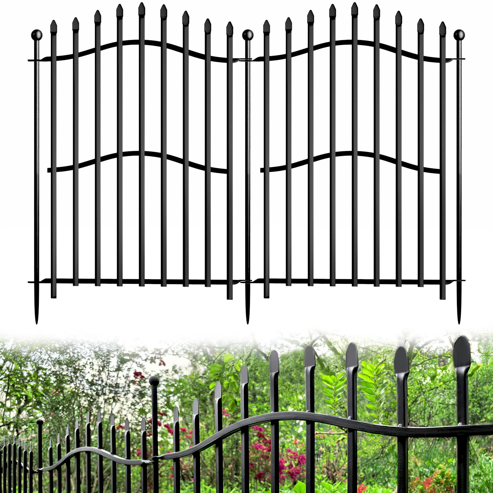 10 Panels No Dig Decorative Garden Fence - 32in H x 22.5ft L, Tall Heavy-Duty Square Tube Animal Barrier, Rustproof Metal Border Fencing for Yard, Outdoor Dog Playpen & Flower Beds