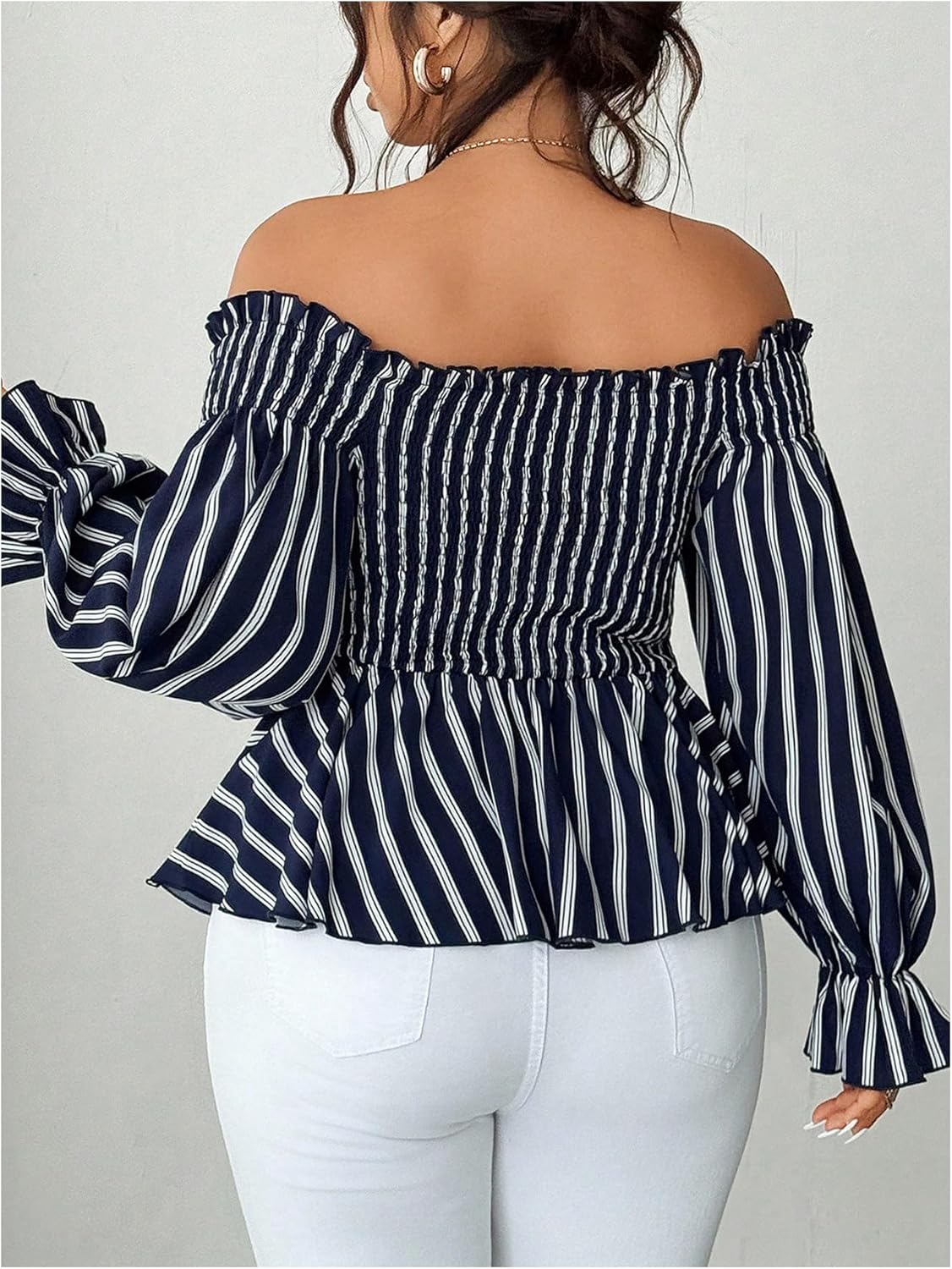 Floerns Women's Plus Size Striped Off The Shoulder Blouse Lantern Sleeve Ruffle Peplum Shirts - Image 2