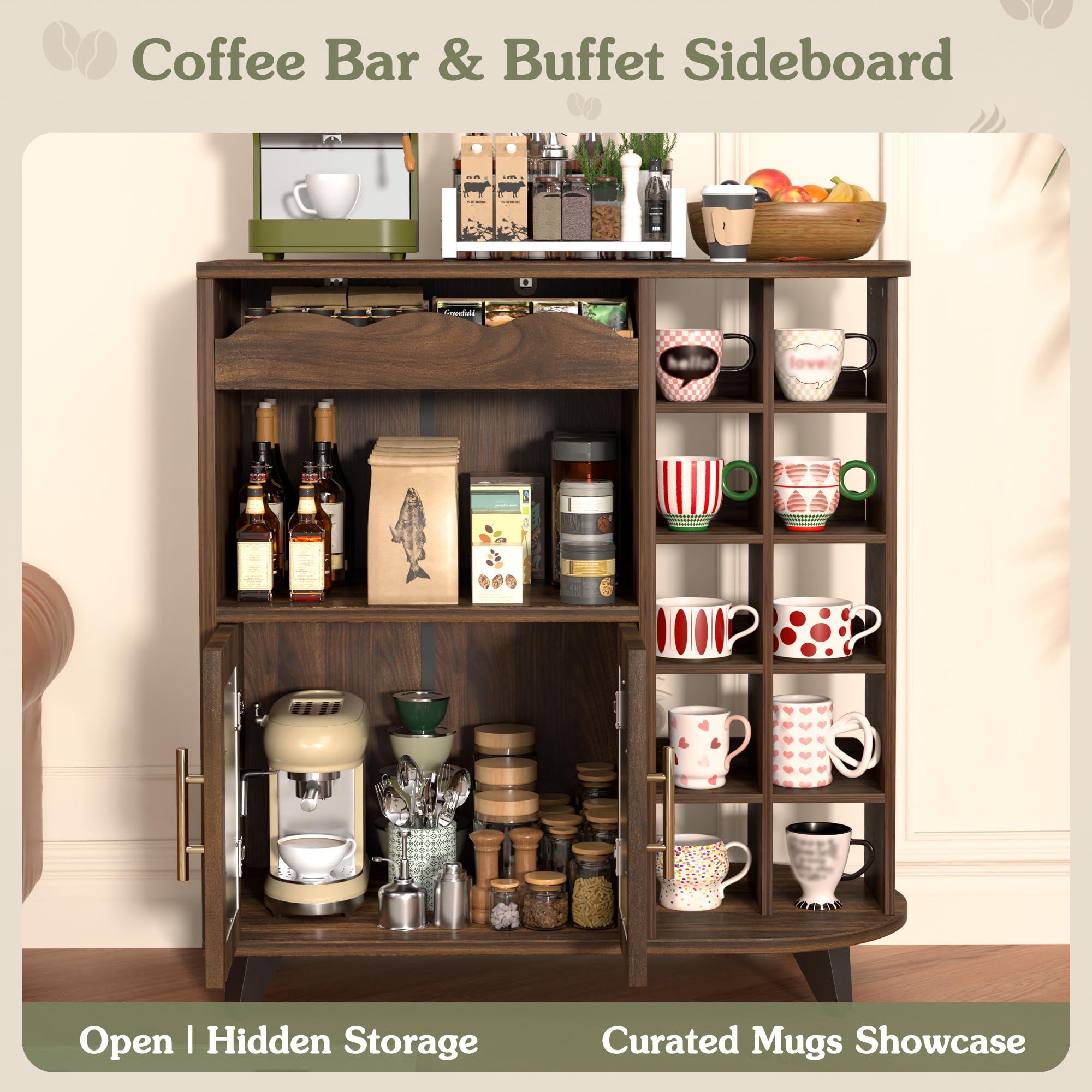 Küchenschrank, Kaffeeschrank mit Tassenhalter, Kommode mit Türen, Buffetschrank mit Schubladen, Sideboard für Wohnzimmer, Barmöbel, Kaffeebar Möbel, Küchenvitrine, Tassenständer (40x80x91cm)