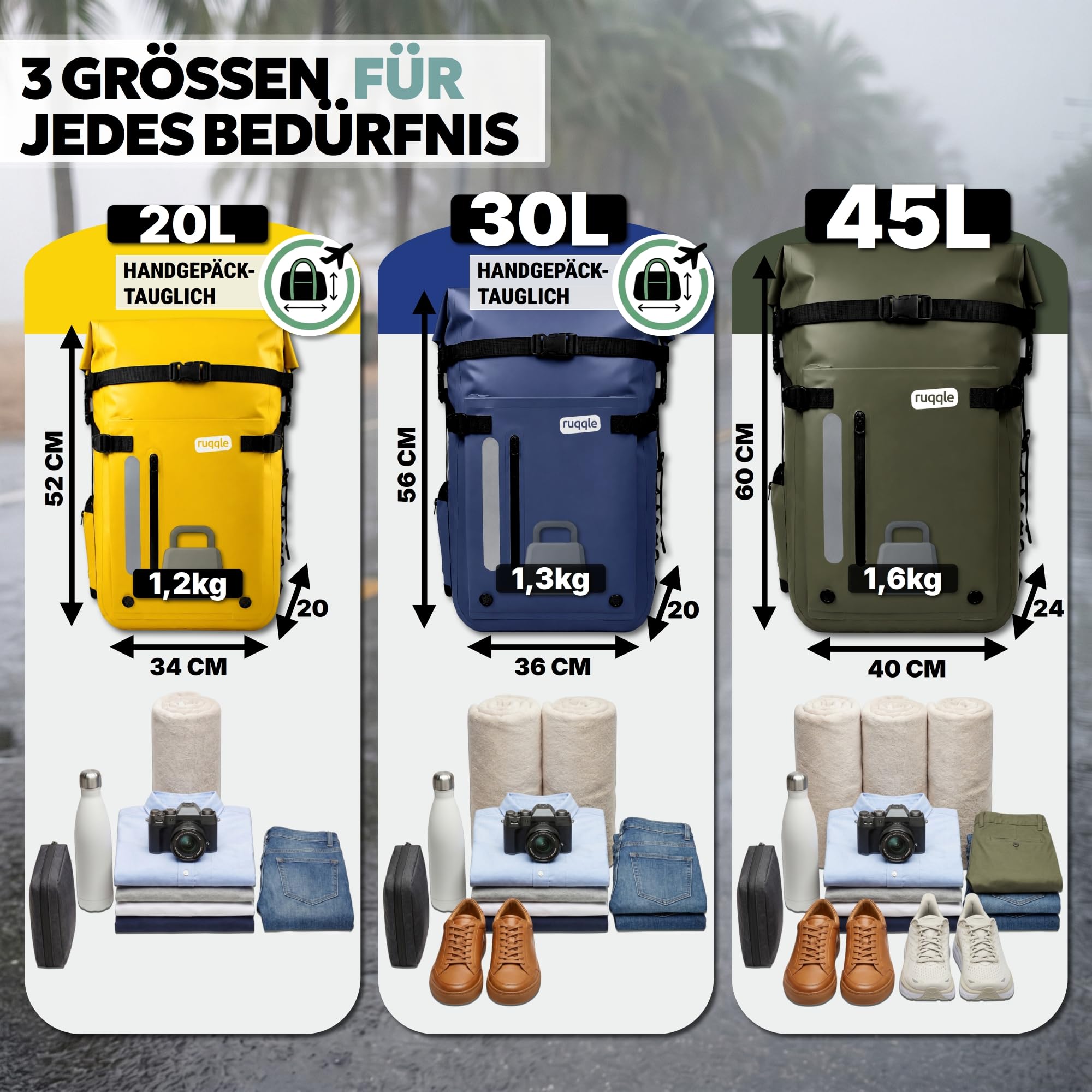 Ruqqle Wasserdichter Rucksack, vielseitig, wasserdicht Tasche, Dry Bag 20/30/45 l, mit 3 Außentaschen, komfortabel, RollTop, Strand, Boot, Kanu, Paddel, Kajak, Wandern, Camping, Angeln, Motorrad